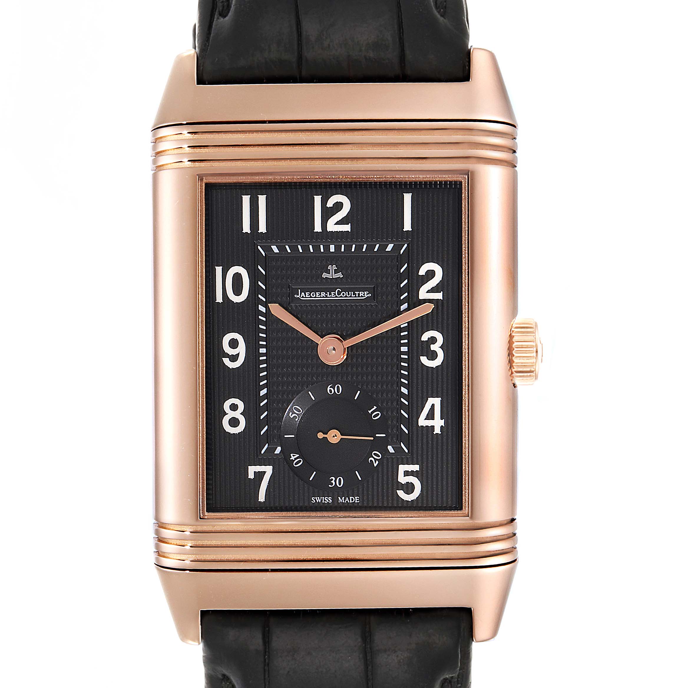 The image shows a front view of a Jaeger LeCoultre Reverso Q3732470 Men's Rose Gold Black Dial Q3732470 Men's Rose Gold Black Dial watch, highlighting its dial, hands, and case in rose gold.