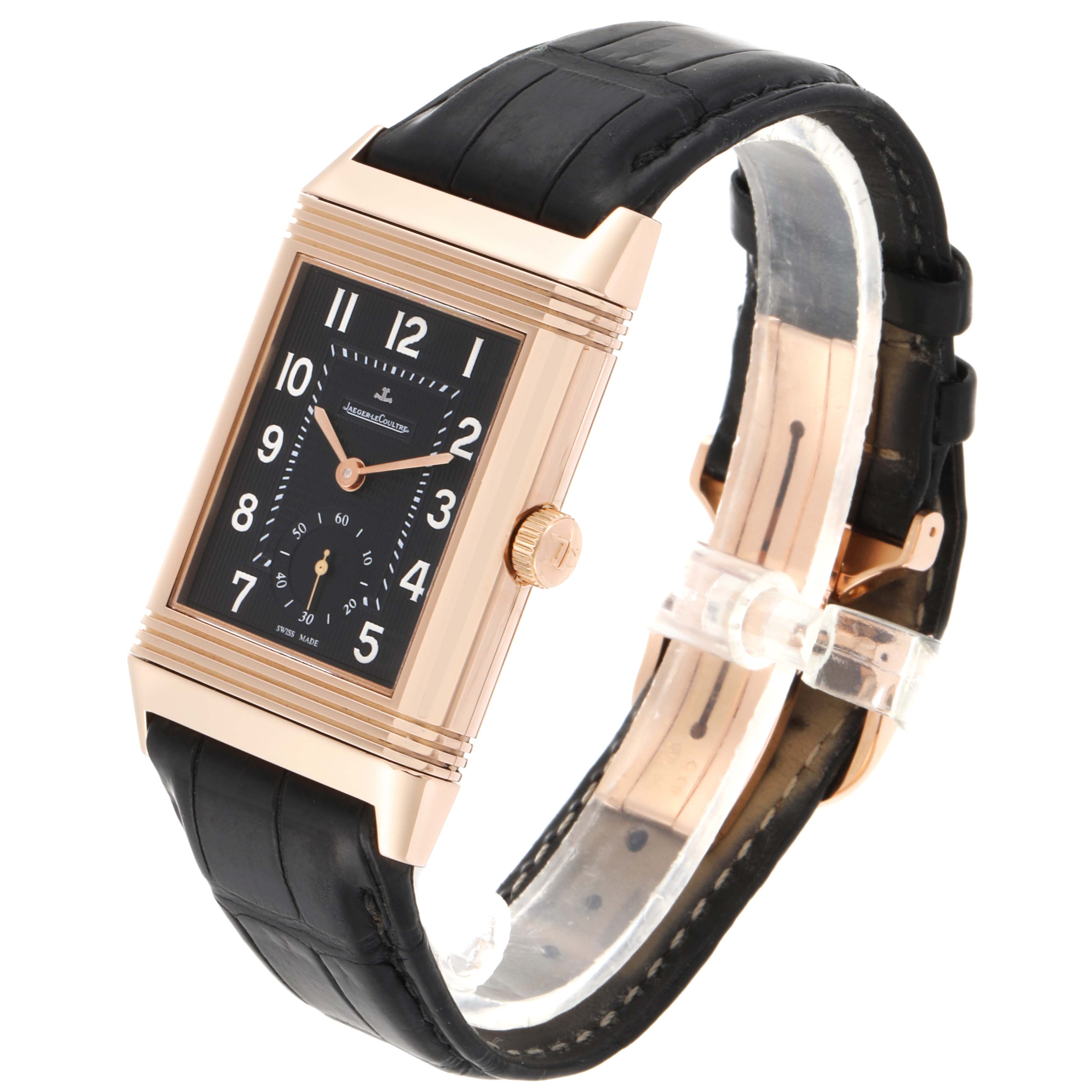 This image shows a Jaeger LeCoultre Reverso Q3732470 Men's Rose Gold Black Dial Q3732470 Men's Rose Gold Black Dial watch at an angle, highlighting its rectangular face, crown, and black leather strap.