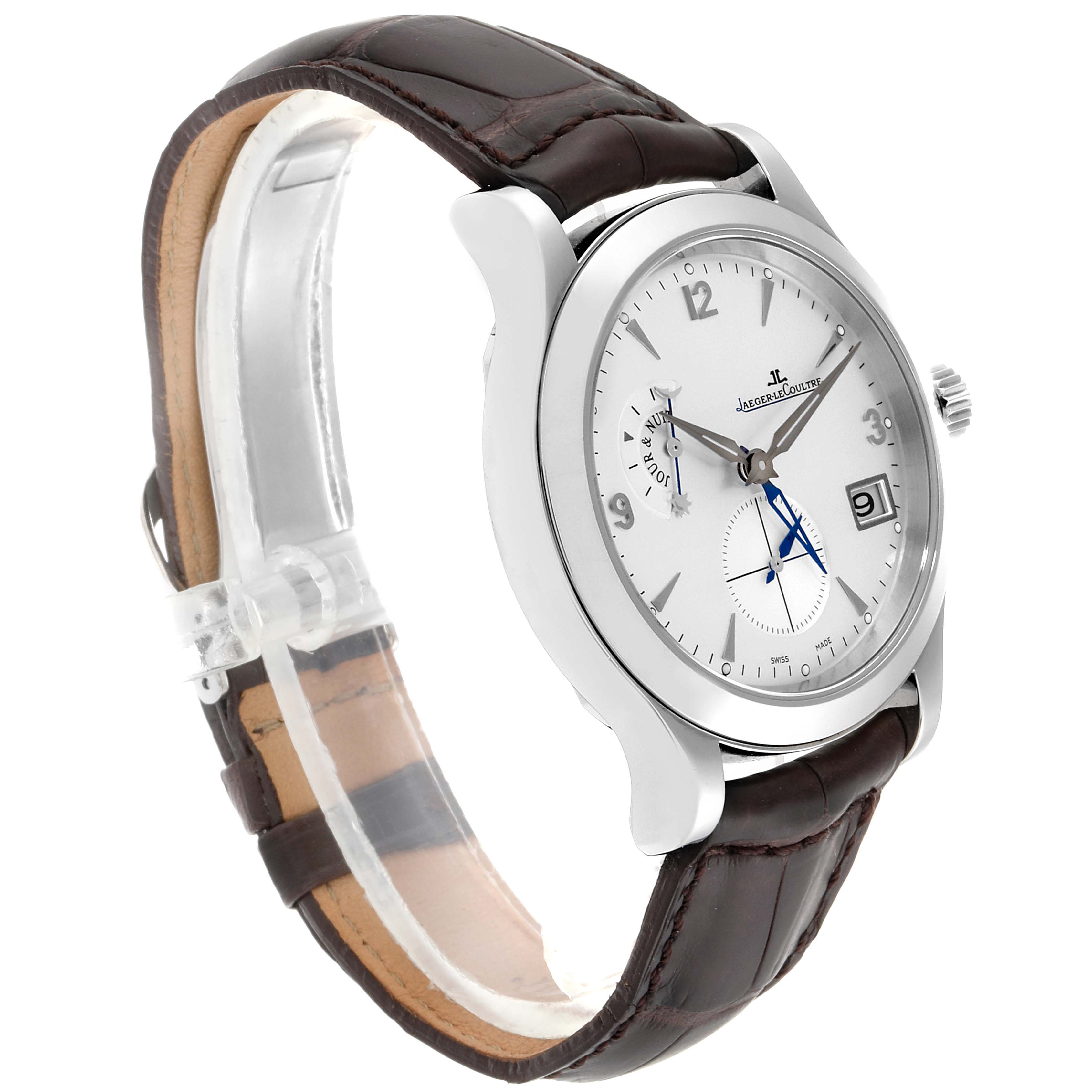 This Jaeger-LeCoultre Master model watch is shown at an angled side view, highlighting its dial, hands, date window, and leather strap.