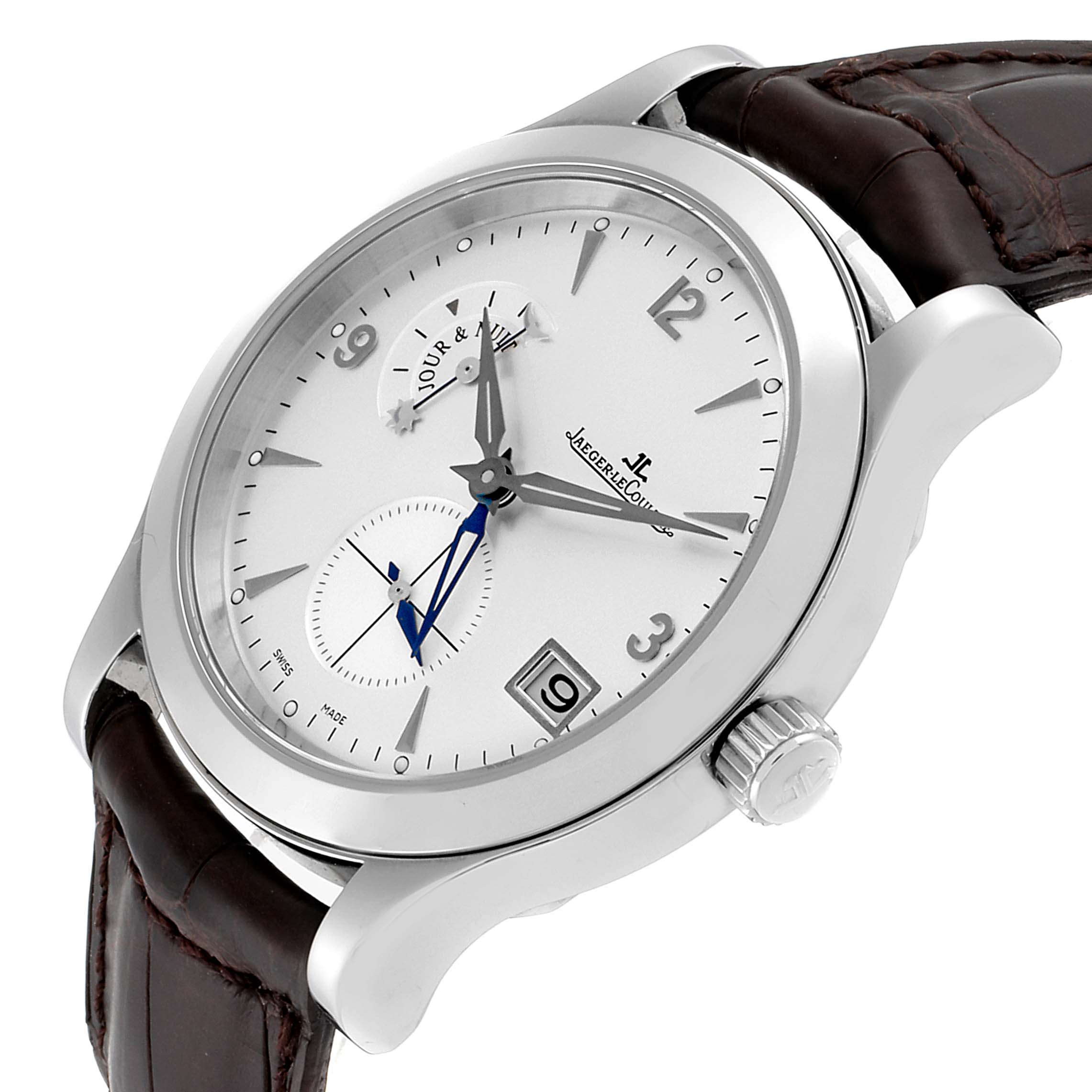 The image shows a three-quarter view of a Jaeger LeCoultre Master Q1628420 Men's Stainless Steel Silver Dial Q1628420 Men's Stainless Steel Silver Dial model watch with a silver dial and brown leather strap.