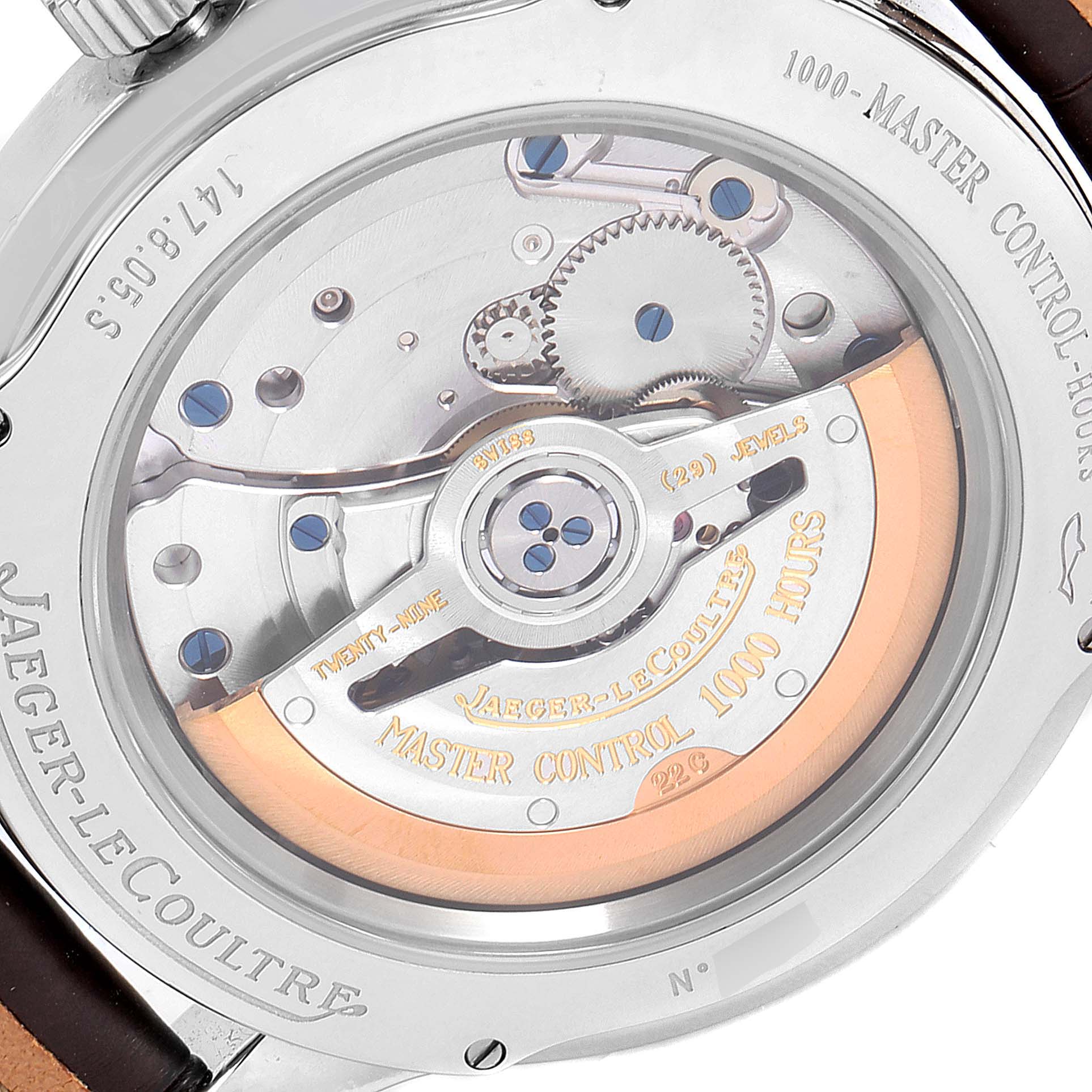 This image shows the back of a Jaeger LeCoultre Master Q1628420 Men's Stainless Steel Silver Dial Q1628420 Men's Stainless Steel Silver Dial Control watch with its intricate mechanical movement visible.