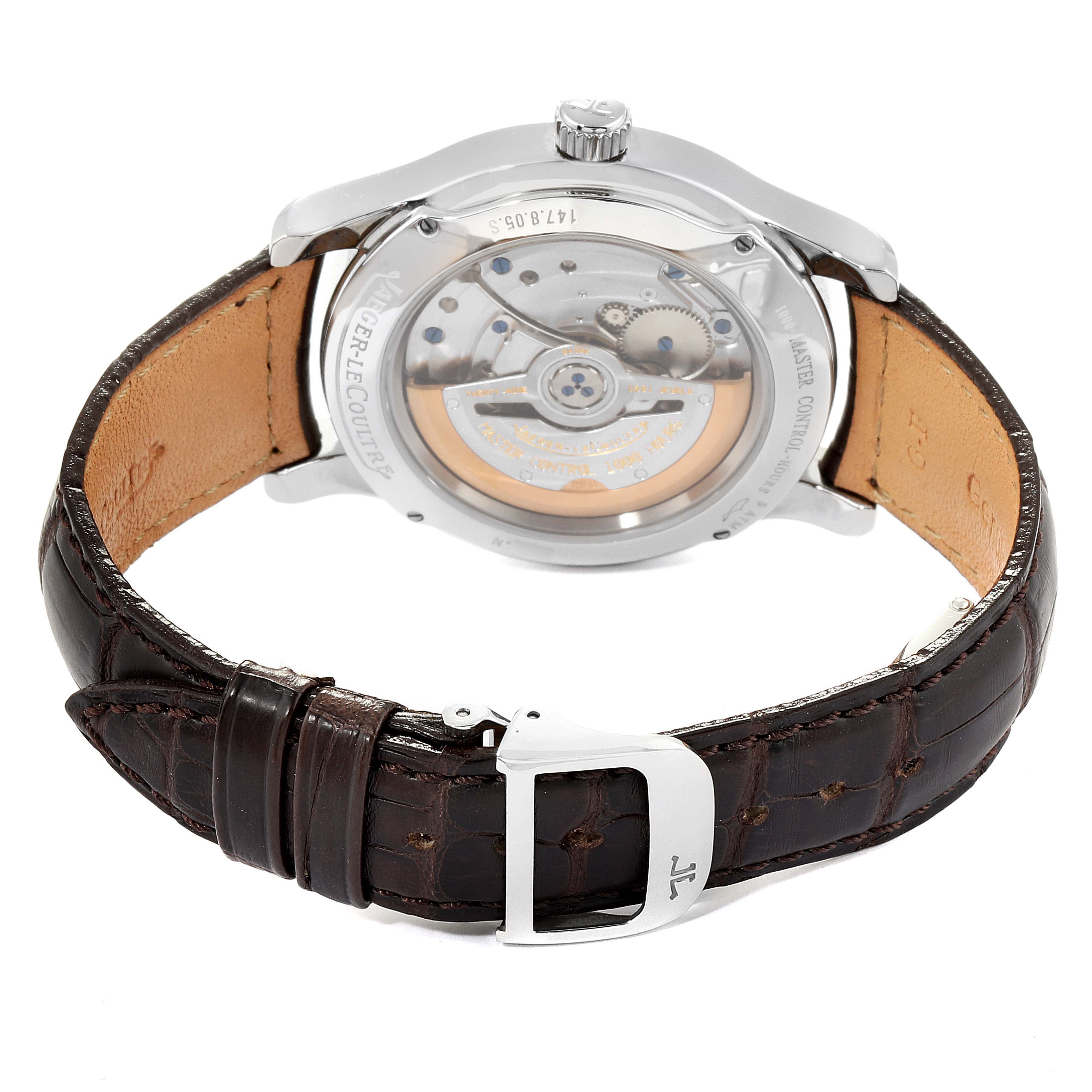This image shows the back of the Jaeger-LeCoultre Master model watch, highlighting its movement and leather strap.