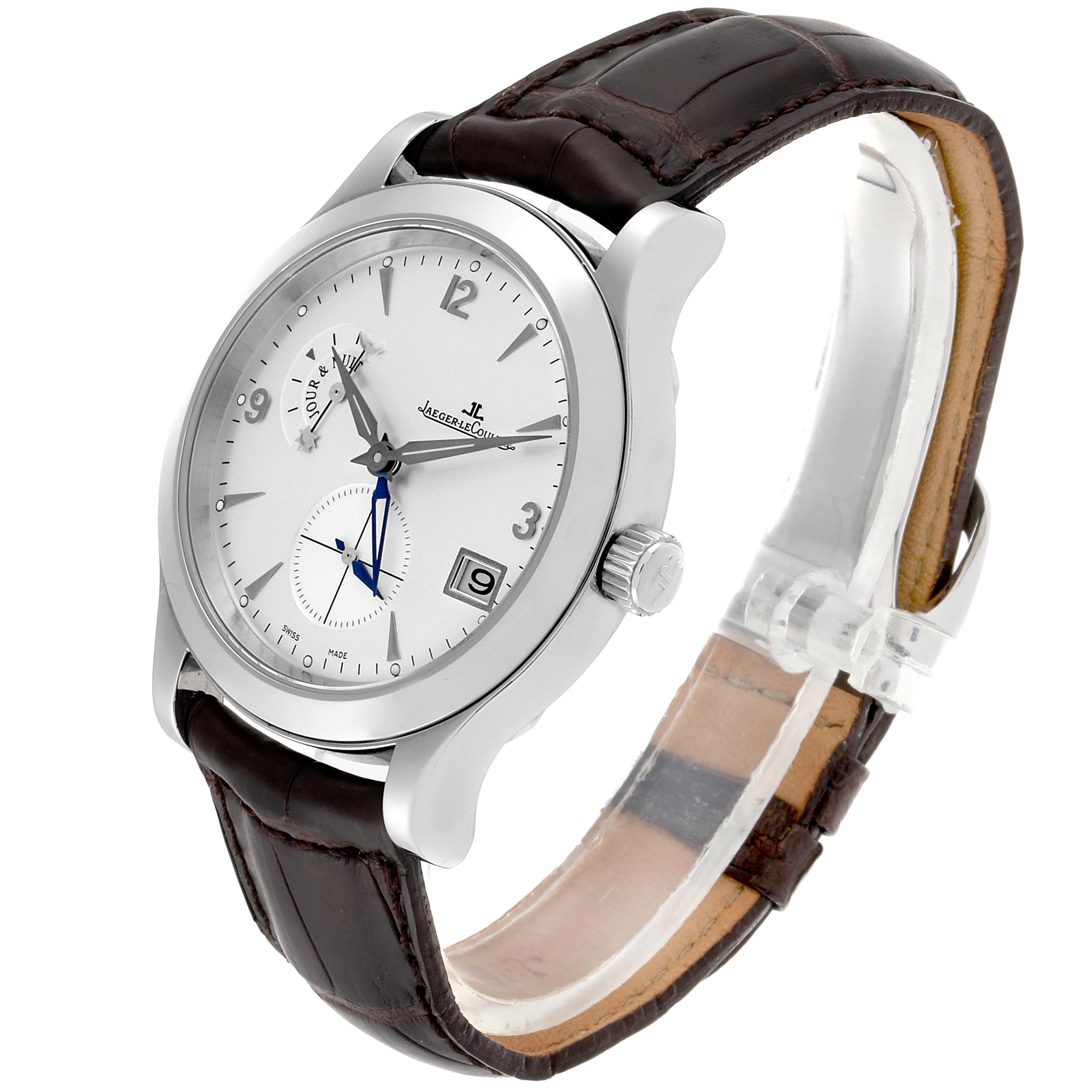 The image shows a Jaeger LeCoultre Master Q1628420 Men's Stainless Steel Silver Dial Q1628420 Men's Stainless Steel Silver Dial model watch at a three-quarter angle highlighting the dial, crown, and leather strap.