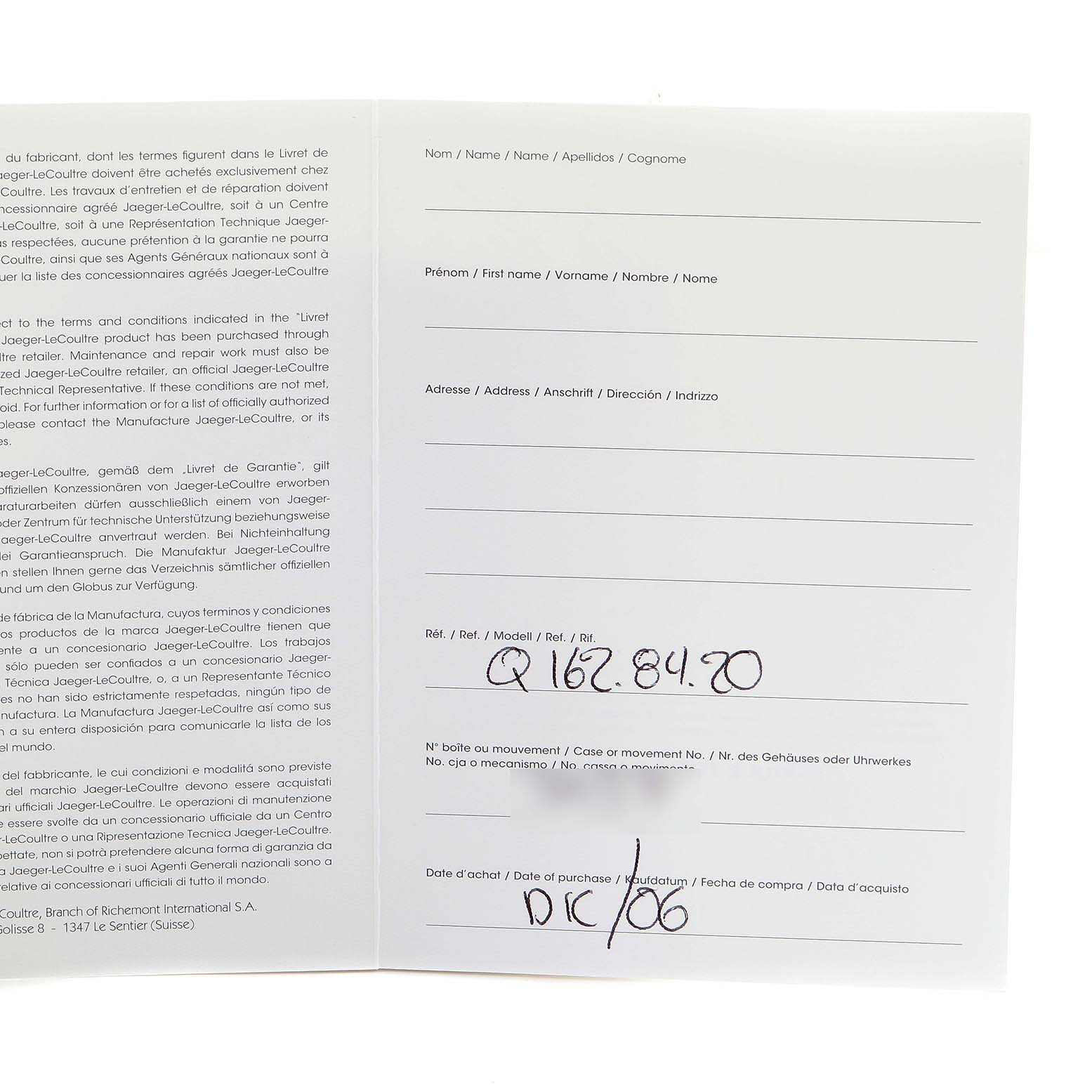 This image shows a warranty booklet for the Jaeger-LeCoultre Master model watch, including fields for personal details and purchase information.