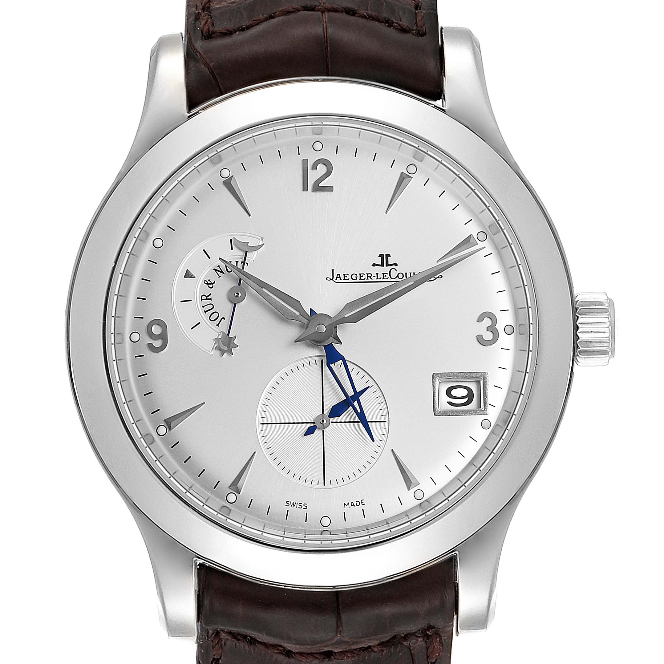 The image shows a front view of the Jaeger LeCoultre Master Q1628420 Men's Stainless Steel Silver Dial Q1628420 Men's Stainless Steel Silver Dial model watch with its face, crown, and strap visible.