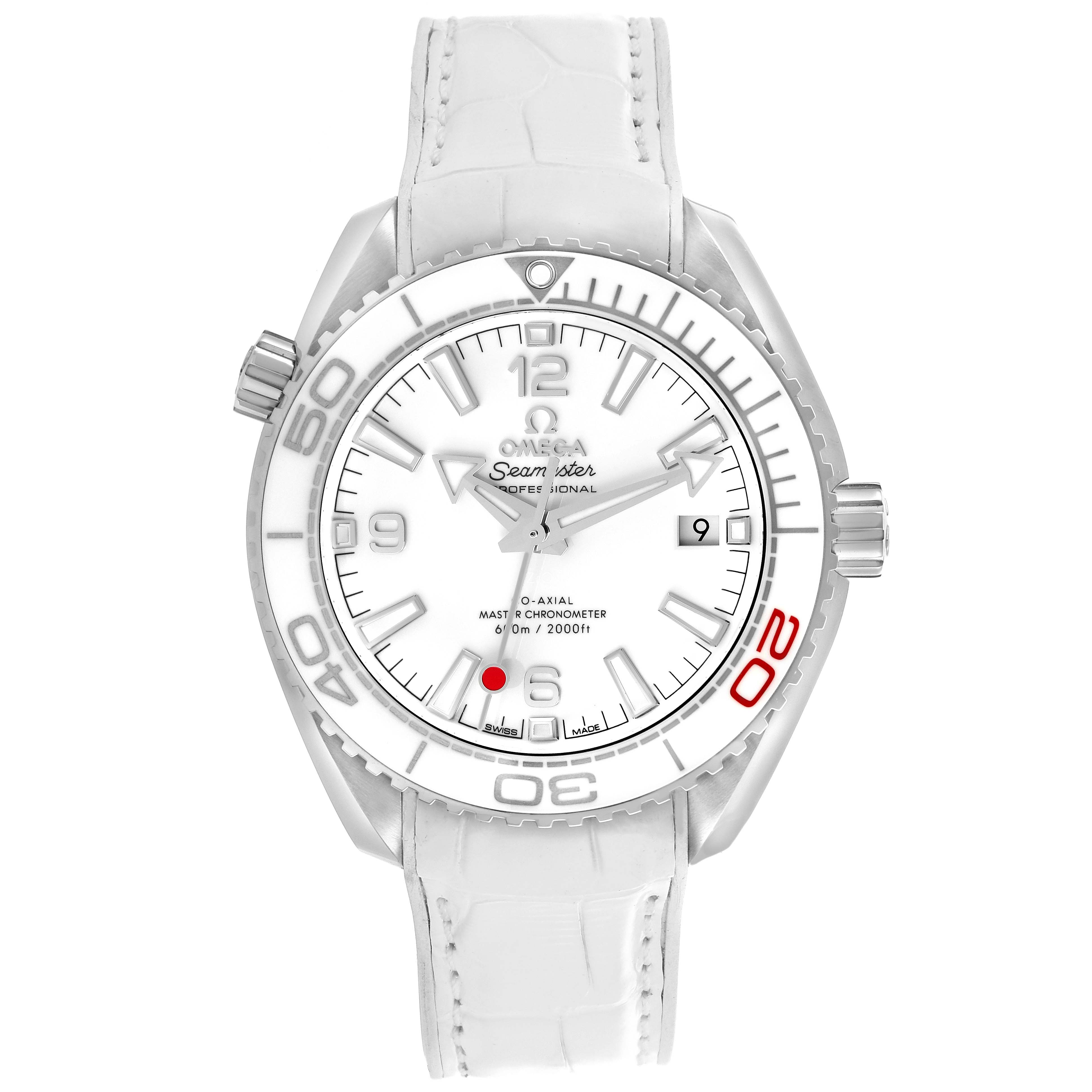 The Omega Planet Ocean 522.33.40.20.04.001 Men's Stainless Steel White Dial 522.33.40.20.04.001 Men's Stainless Steel White Dial watch is shown from the front, highlighting the dial, bezel, and strap.