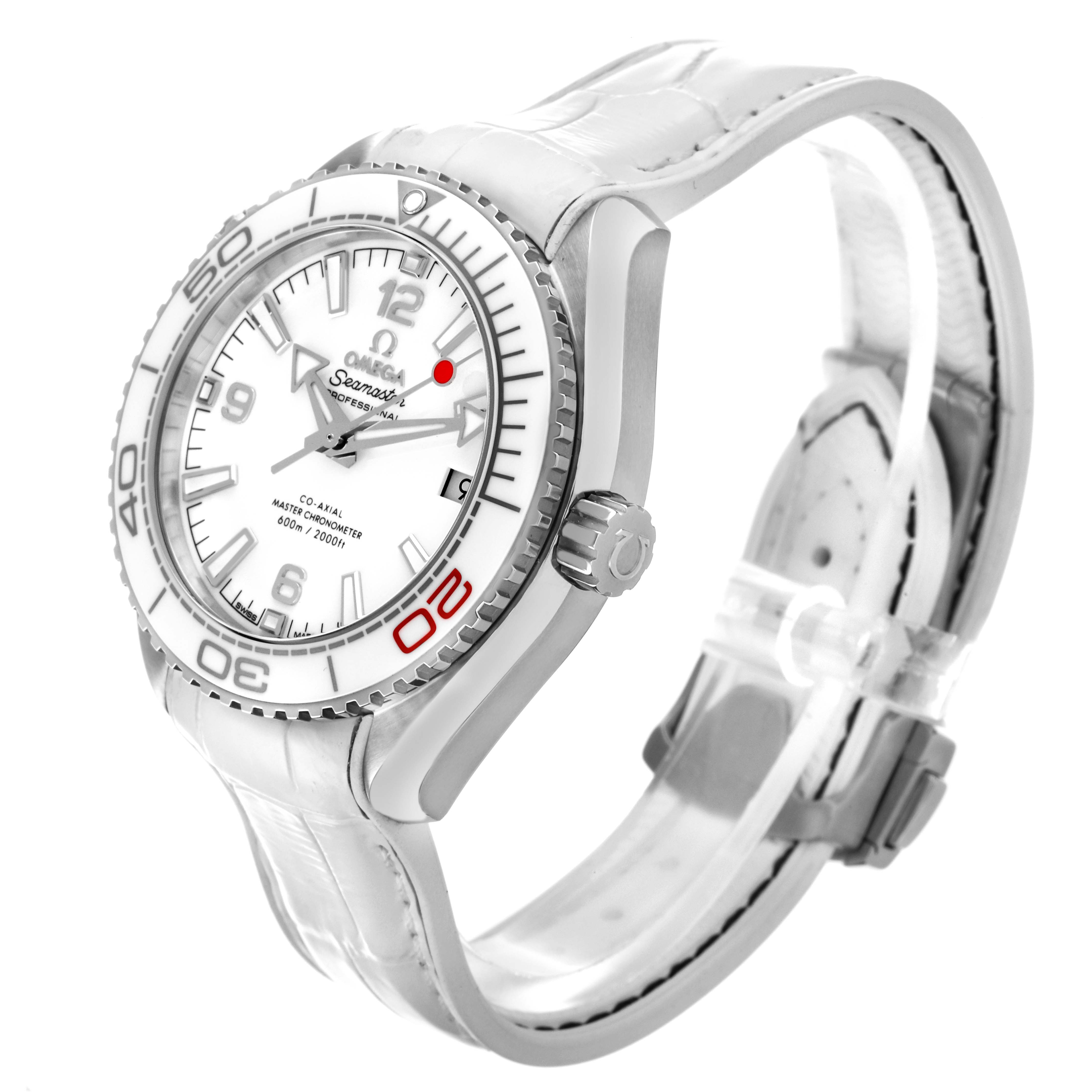 The Omega Planet Ocean 522.33.40.20.04.001 Men's Stainless Steel White Dial 522.33.40.20.04.001 Men's Stainless Steel White Dial watch is shown at a slight angle, highlighting the face, bezel, and part of the strap.