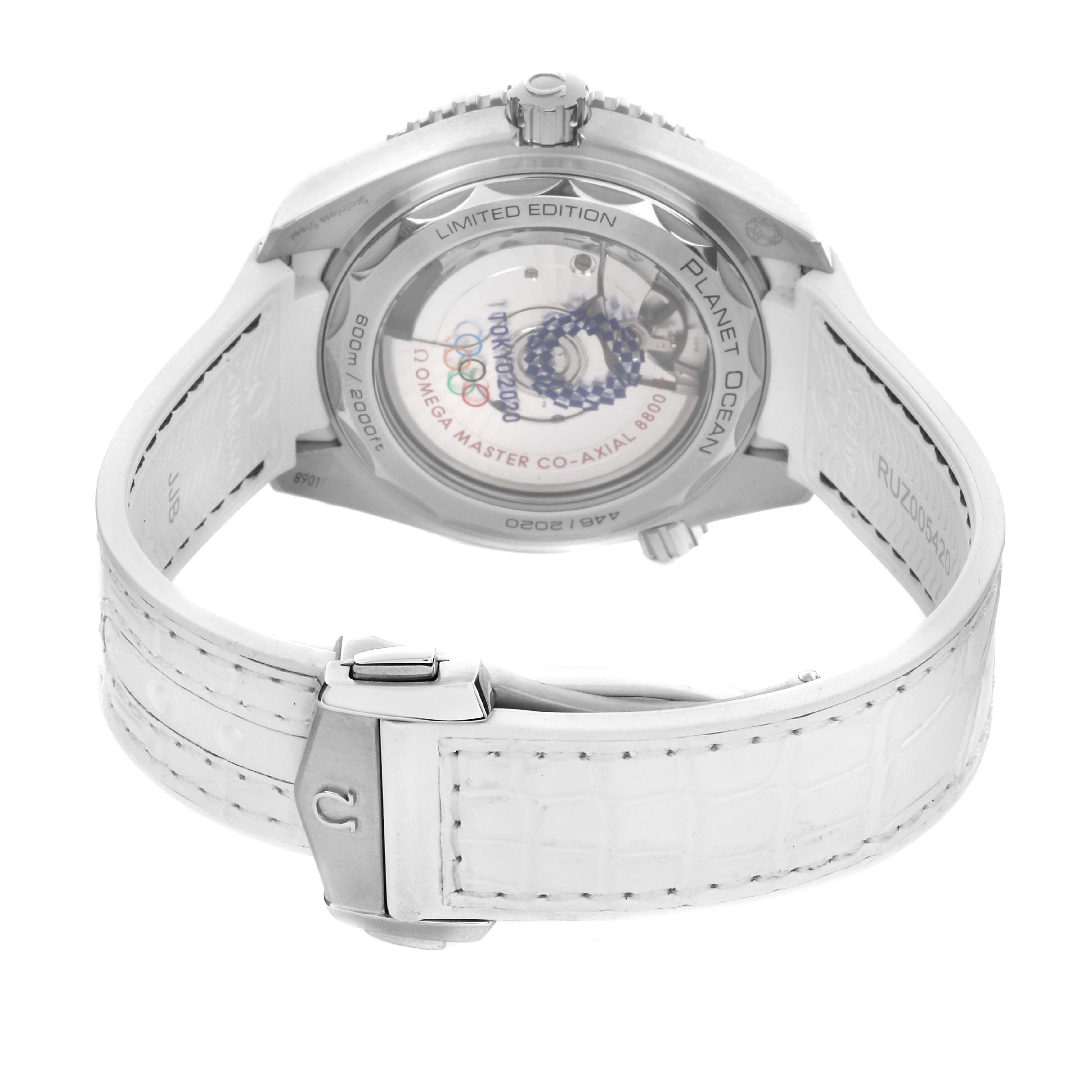 The Omega Planet Ocean 522.33.40.20.04.001 Men's Stainless Steel White Dial 522.33.40.20.04.001 Men's Stainless Steel White Dial watch is shown from the back, highlighting the caseback and white strap.