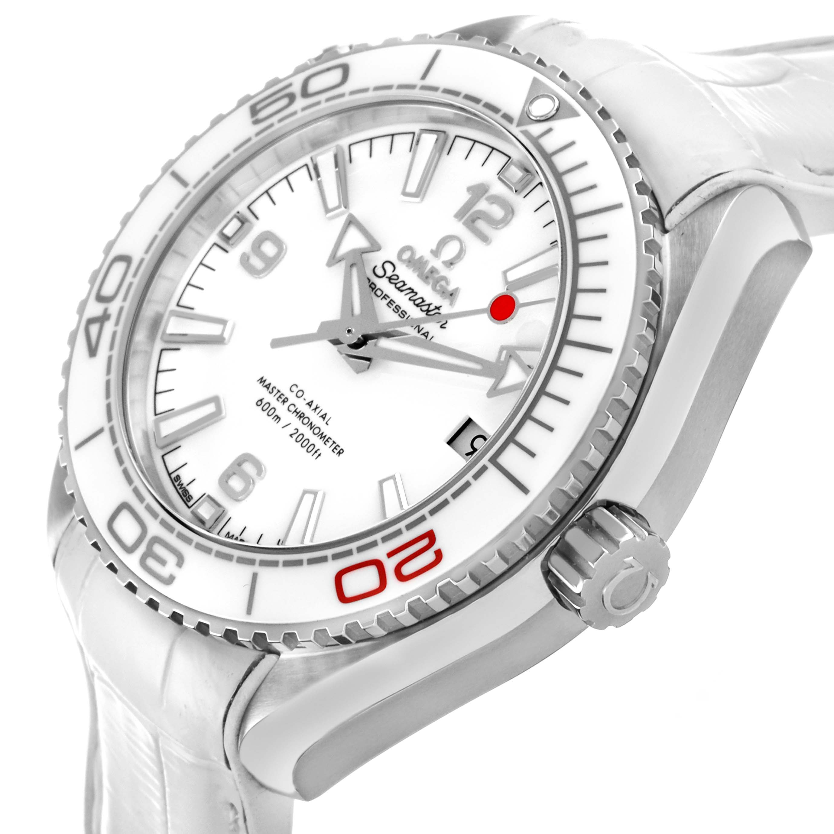 The image shows the Omega Seamaster Planet Ocean watch at a side angle, highlighting the crown, bezel, and face details.