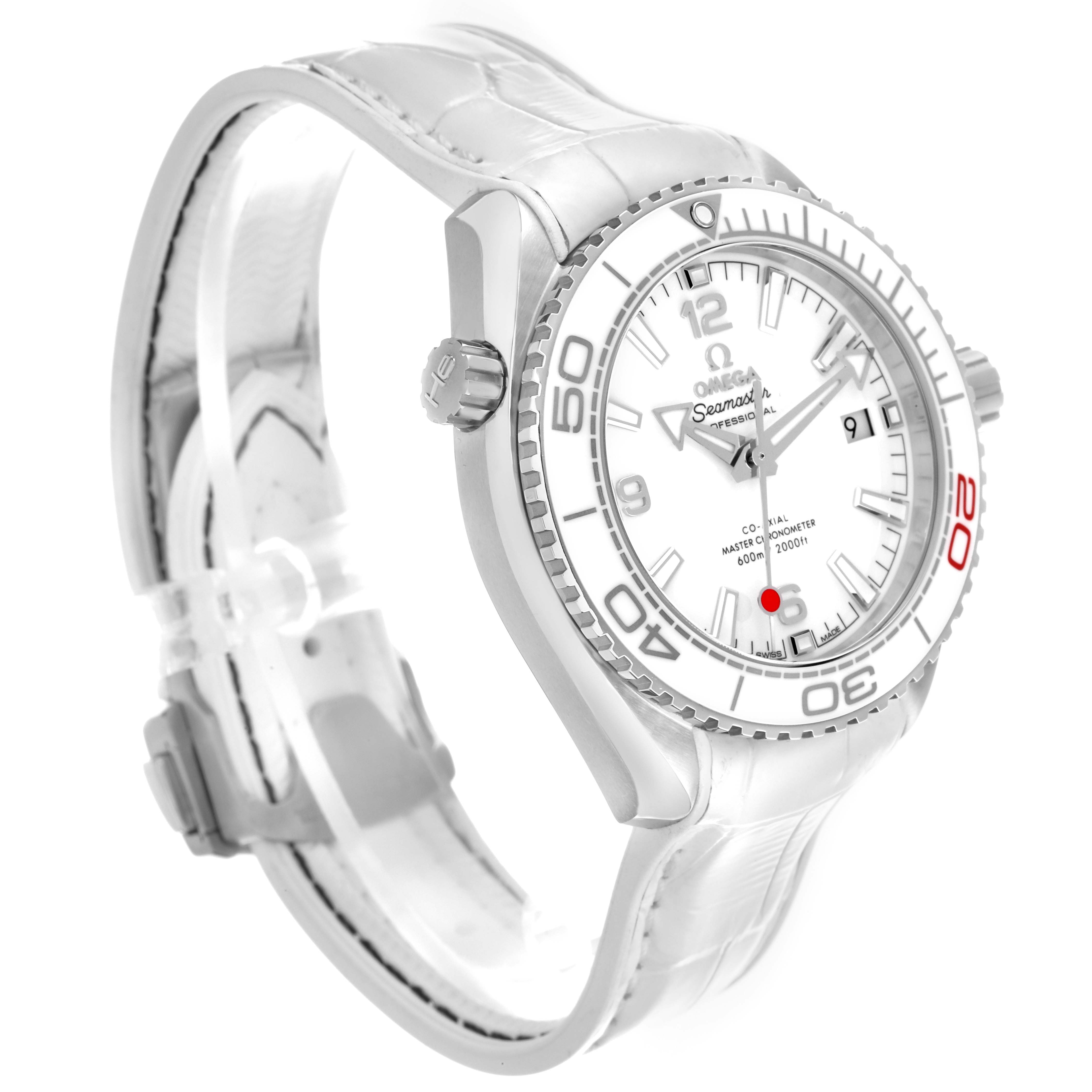 The Omega Planet Ocean 522.33.40.20.04.001 Men's Stainless Steel White Dial 522.33.40.20.04.001 Men's Stainless Steel White Dial watch is shown at a diagonal angle, highlighting the bezel, crown, face, and strap.