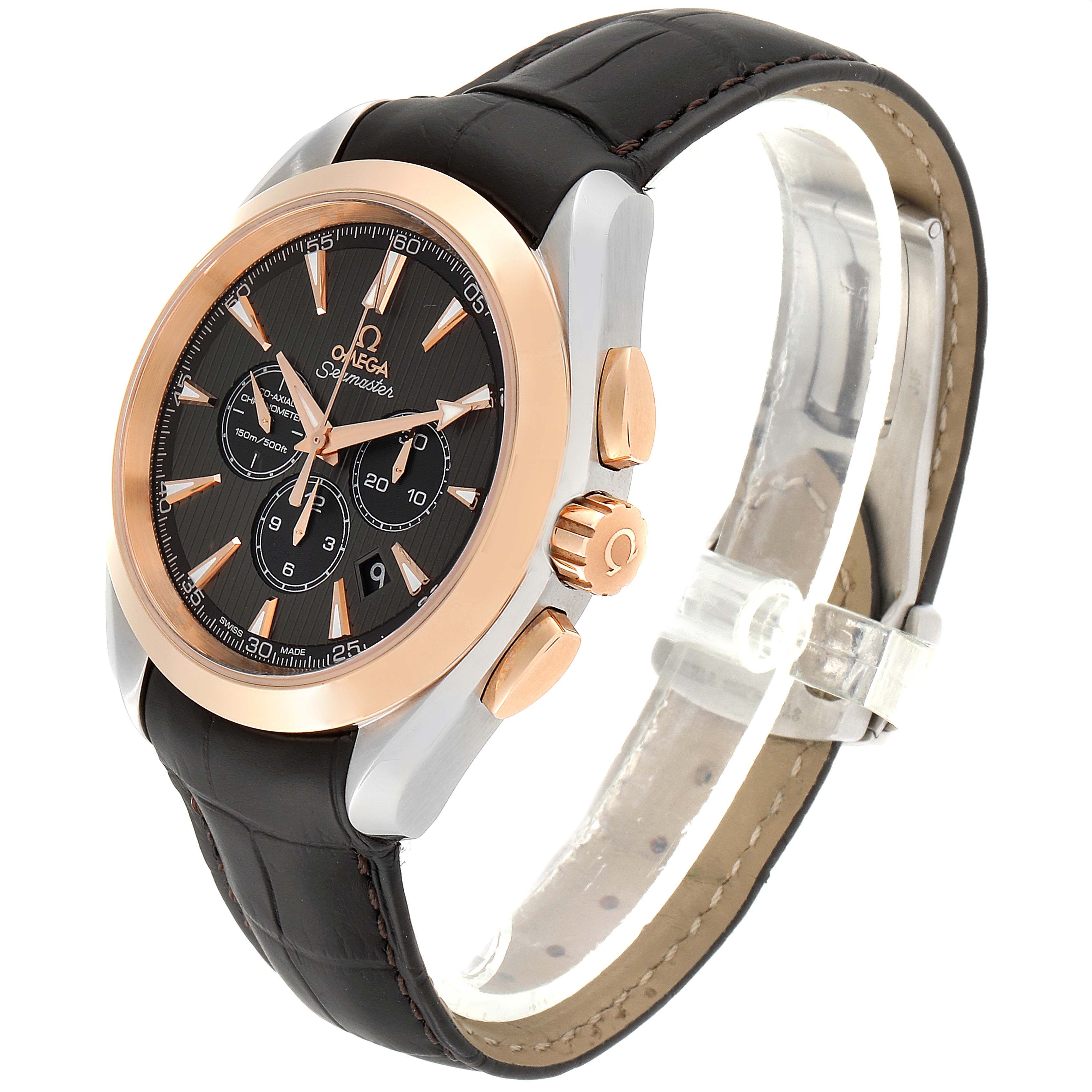 The Omega Seamaster 231.23.44.50.06.001 Men
s Stainless Steel Grey Dial 231.23.44.50.06.001 Men
s Stainless Steel Grey Dial watch is shown at an angle highlighting the face, bezel, crown, and chronograph buttons.