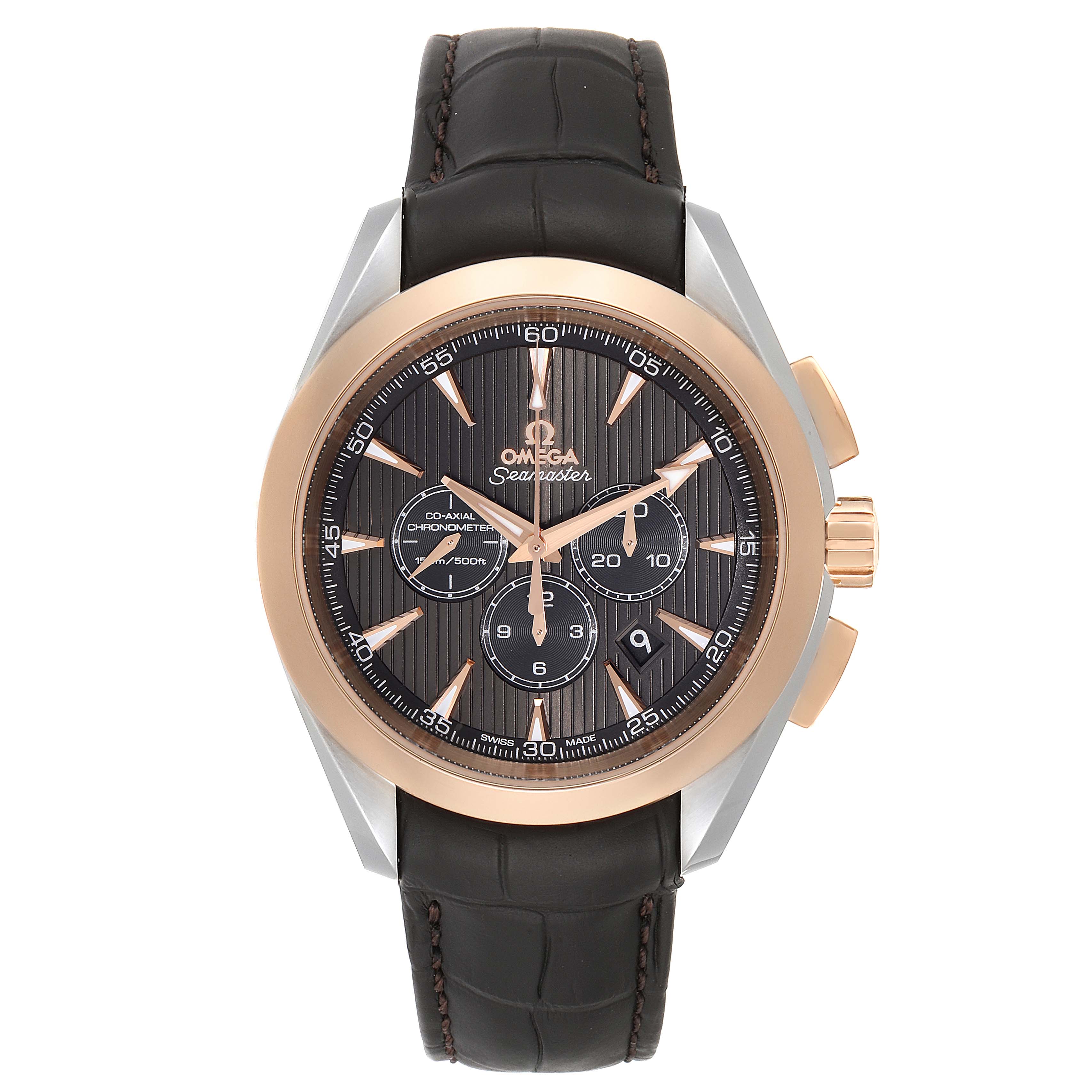 The image shows a front view of an Omega Seamaster 231.23.44.50.06.001 Men
s Stainless Steel Grey Dial 231.23.44.50.06.001 Men
s Stainless Steel Grey Dial watch with a brown strap and gold and silver detailing.