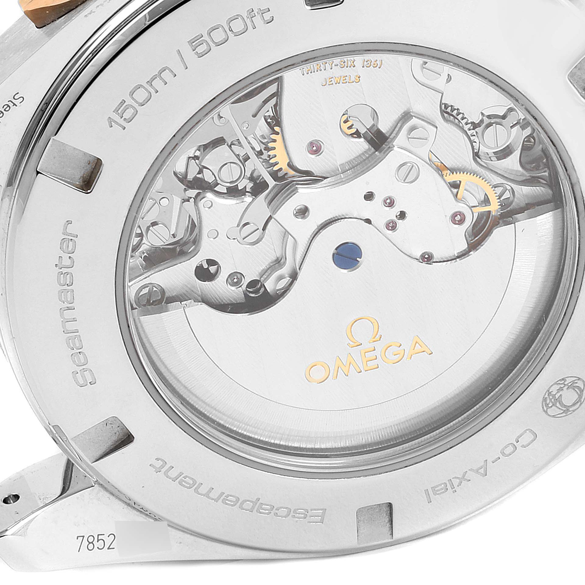 The image shows the back case of the Omega Seamaster 231.23.44.50.06.001 Men
s Stainless Steel Grey Dial 231.23.44.50.06.001 Men
s Stainless Steel Grey Dial watch, revealing its co-axial movement and internal mechanisms.