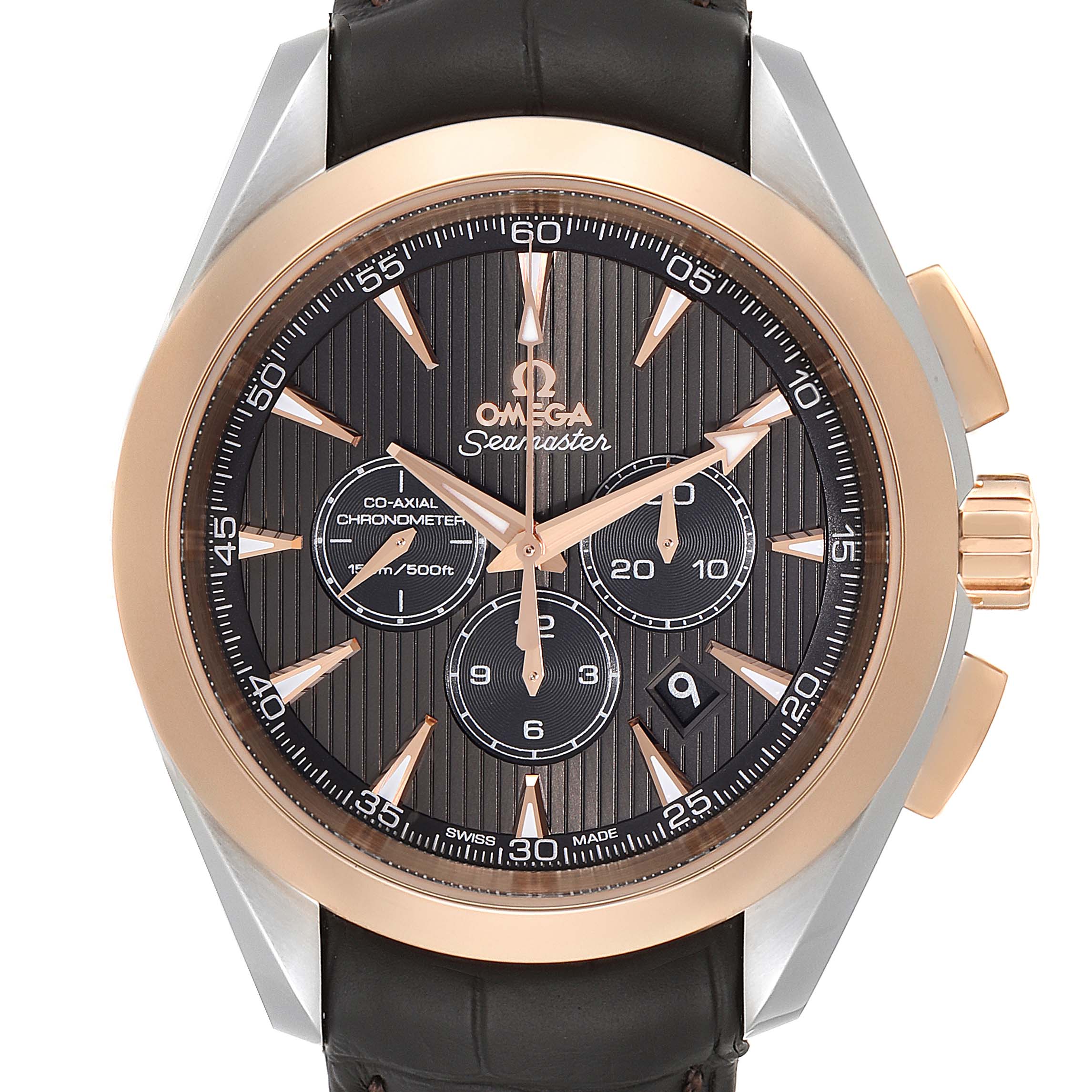 The image shows a frontal view of the Omega Seamaster 231.23.44.50.06.001 Men
s Stainless Steel Grey Dial 231.23.44.50.06.001 Men
s Stainless Steel Grey Dial watch highlighting the dial, subdials, bezel, and crown.