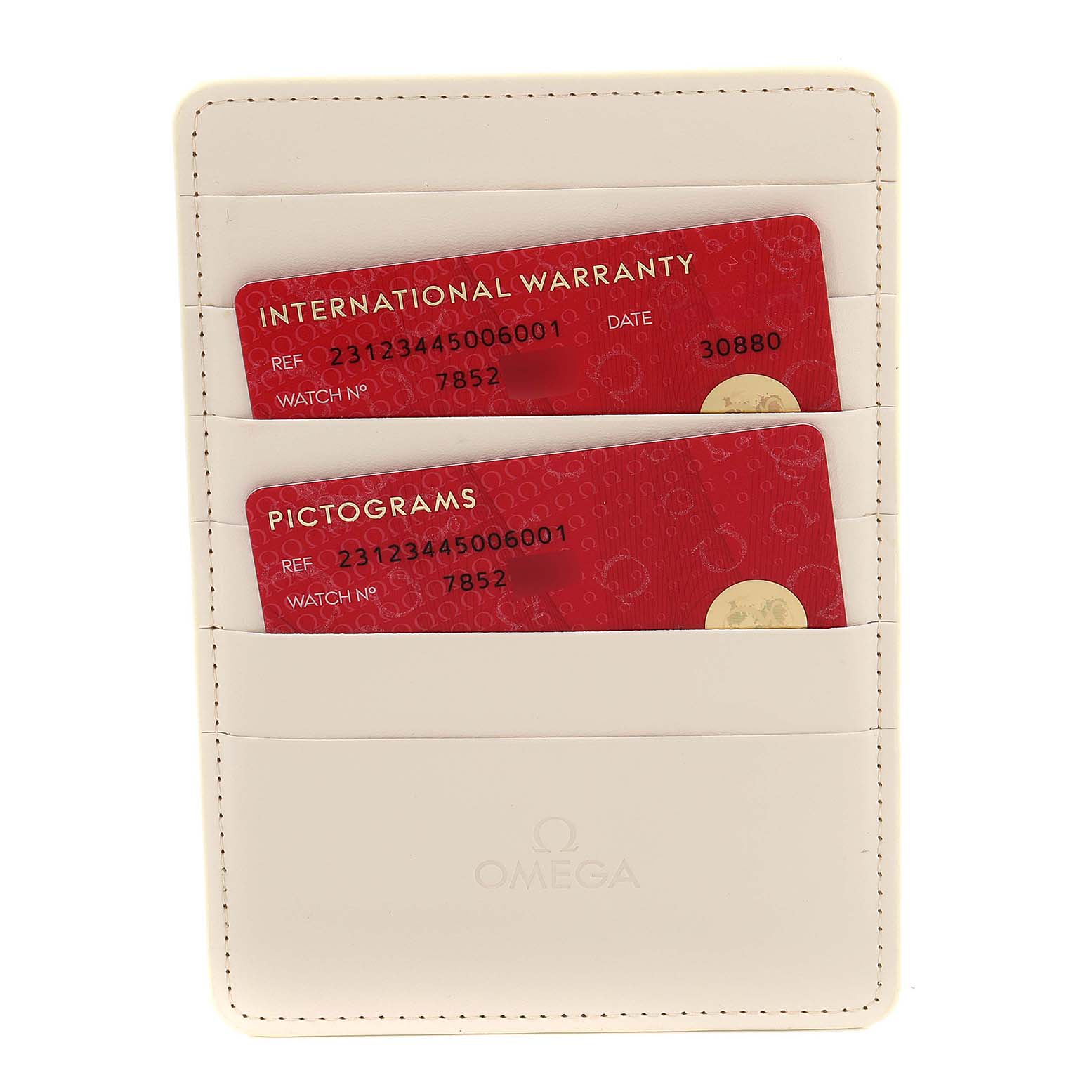 The image shows an Omega Seamaster 231.23.44.50.06.001 Men
s Stainless Steel Grey Dial 231.23.44.50.06.001 Men
s Stainless Steel Grey Dial watch
s leather cardholder with red International Warranty and Pictograms cards.