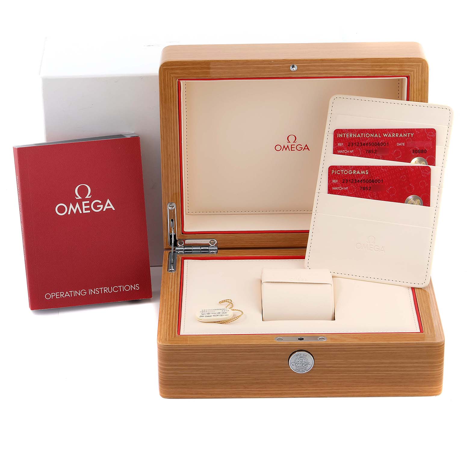 The image shows the packaging and accessories for an Omega Seamaster 231.23.44.50.06.001 Men
s Stainless Steel Grey Dial 231.23.44.50.06.001 Men
s Stainless Steel Grey Dial, including the watch box, warranty cards, and operating instructions.