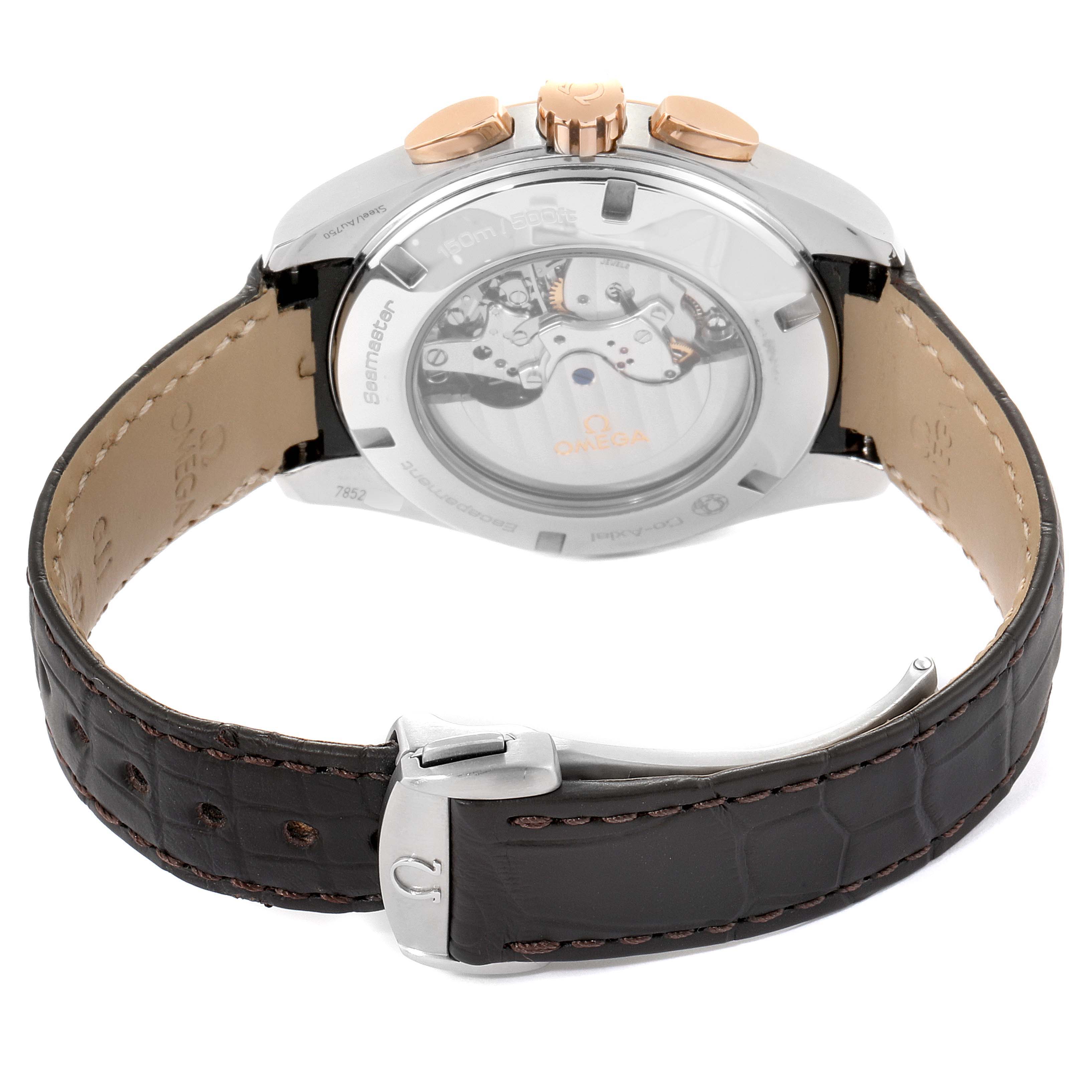 The image shows the back view of an Omega Seamaster 231.23.44.50.06.001 Men
s Stainless Steel Grey Dial 231.23.44.50.06.001 Men
s Stainless Steel Grey Dial watch, highlighting the transparent case back and leather strap with deployment clasp.