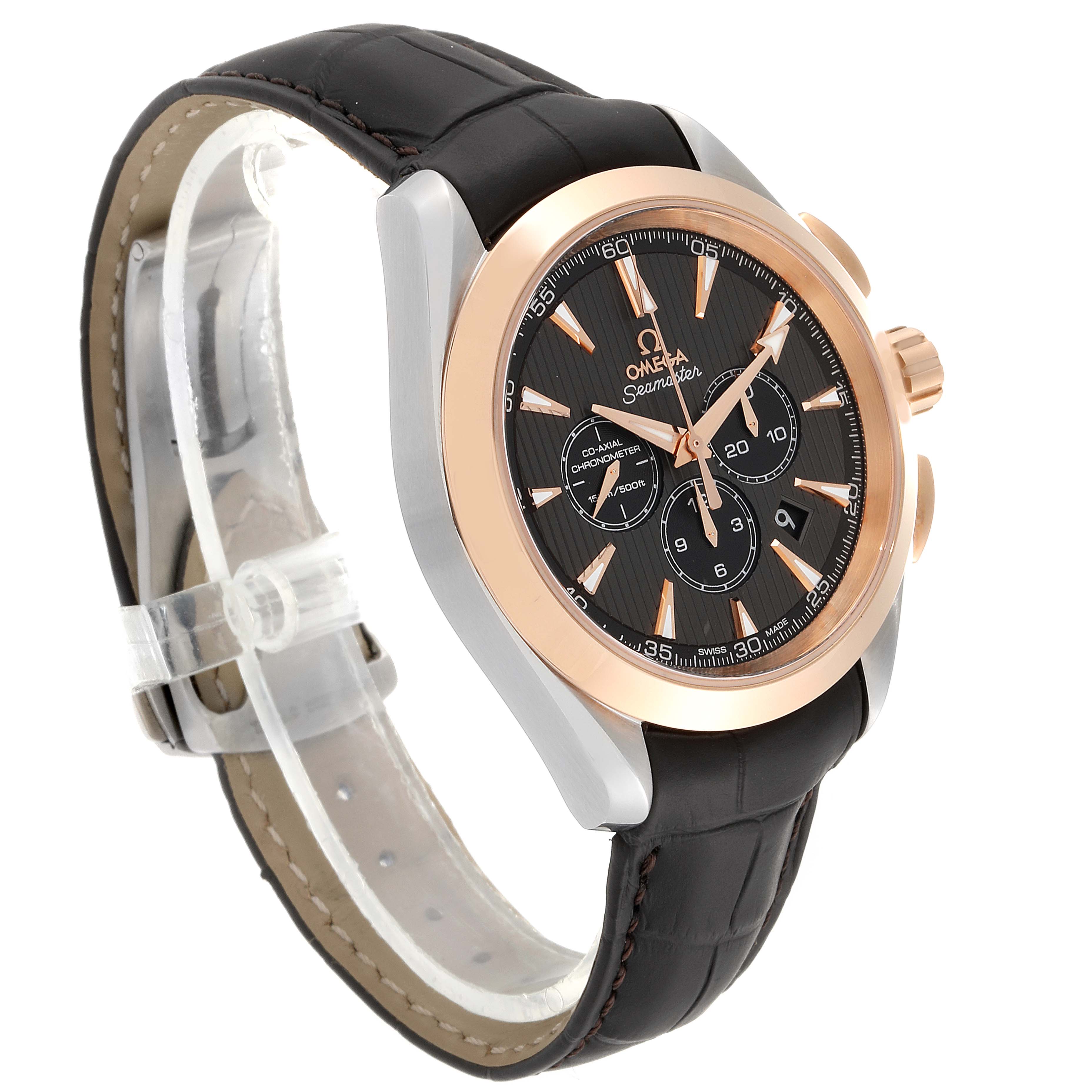 This image shows an Omega Seamaster 231.23.44.50.06.001 Men
s Stainless Steel Grey Dial 231.23.44.50.06.001 Men
s Stainless Steel Grey Dial watch at a front-left angle, highlighting its face, bezel, strap, and crown.