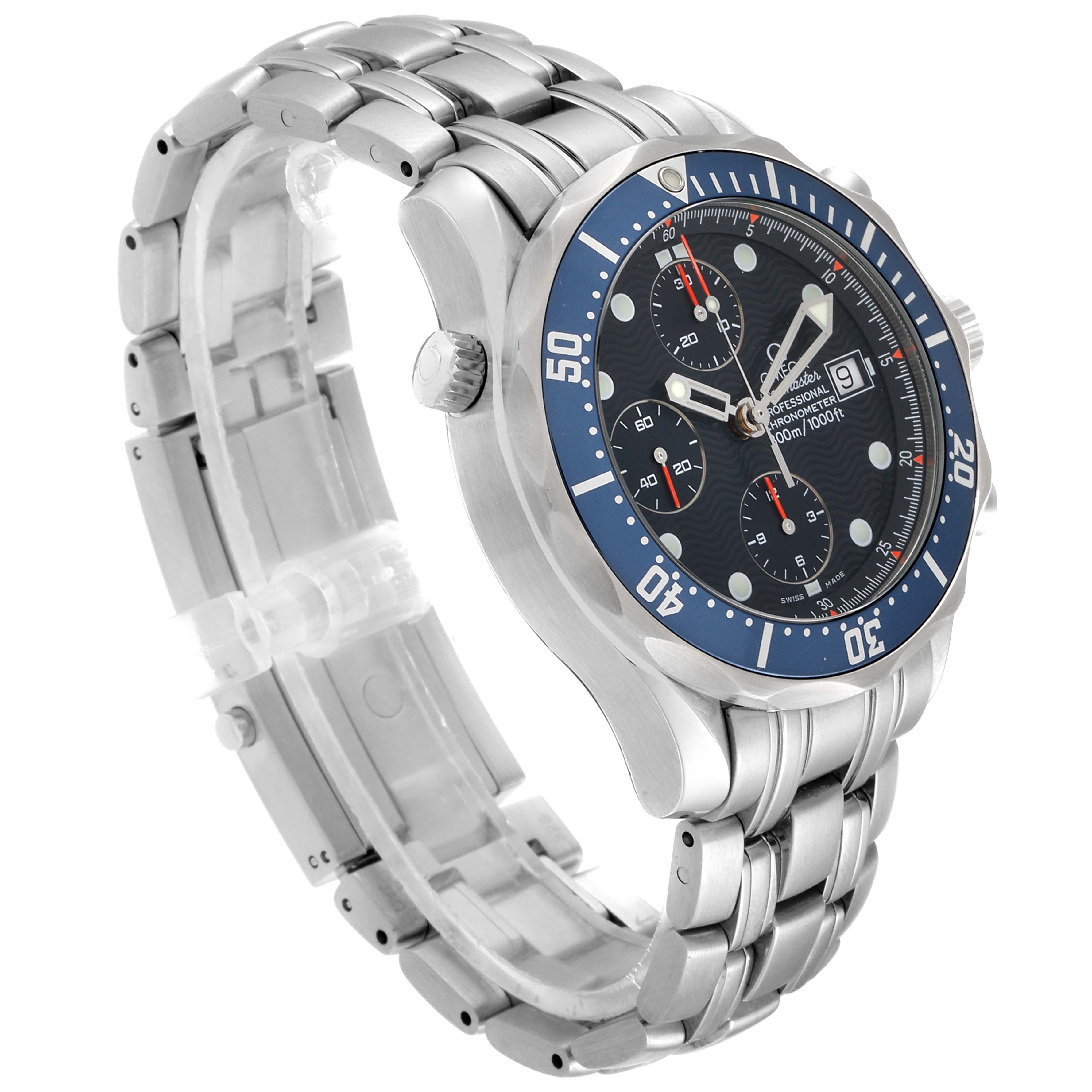 The image shows an Omega Seamaster 2599.80.00 Men
s Stainless Steel Blue Dial 2599.80.00 Men
s Stainless Steel Blue Dial watch at a 3/4 angle, highlighting its face, bezel, and metal bracelet.