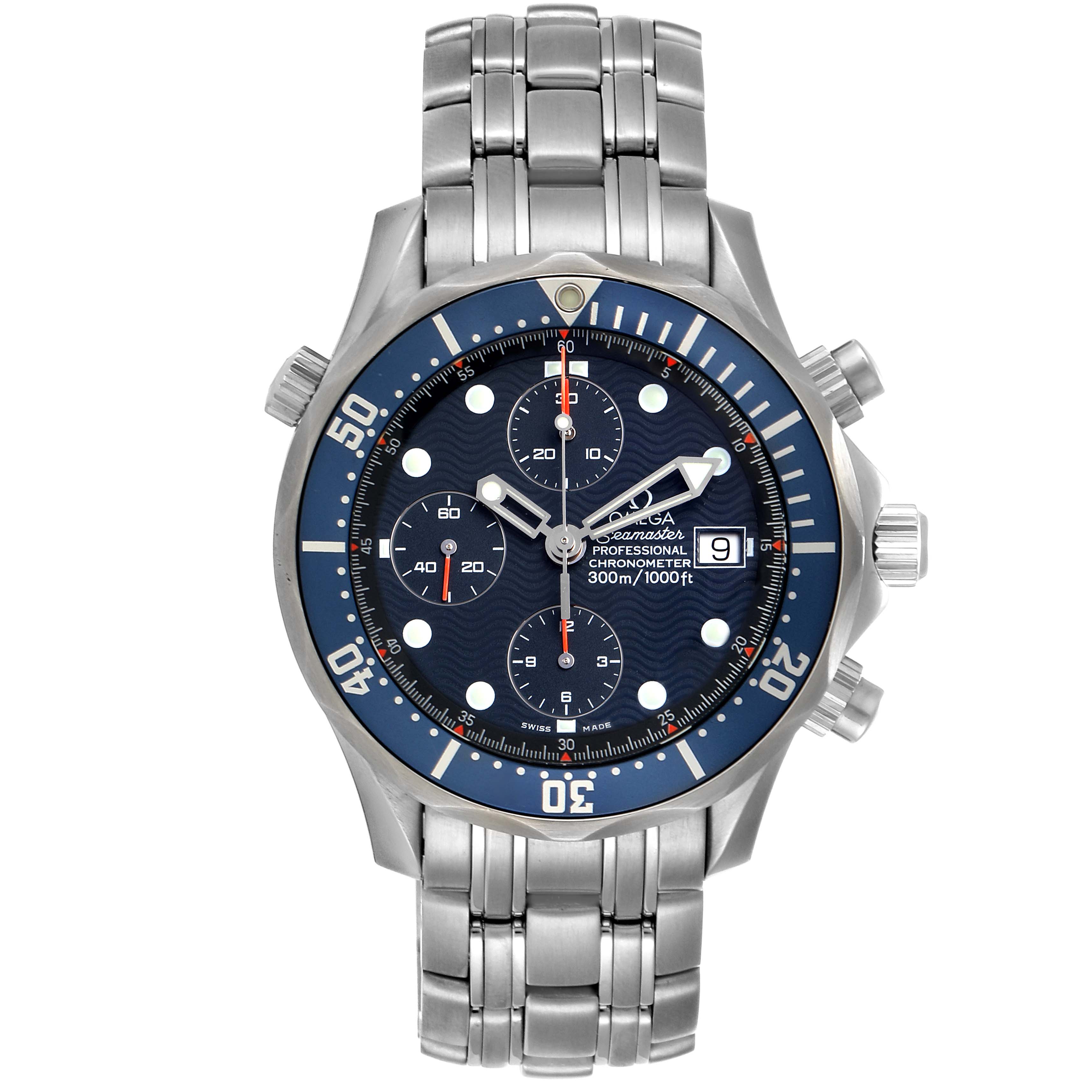 The image shows a frontal view of an Omega Seamaster 2599.80.00 Men
s Stainless Steel Blue Dial 2599.80.00 Men
s Stainless Steel Blue Dial watch with a blue dial, chronograph subdials, and a date display.