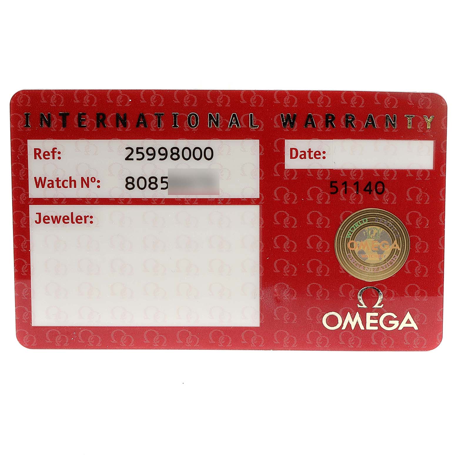 This is an image of the International Warranty card for the Omega Seamaster 2599.80.00 Men
s Stainless Steel Blue Dial 2599.80.00 Men
s Stainless Steel Blue Dial watch showing reference number, watch number, and other details.