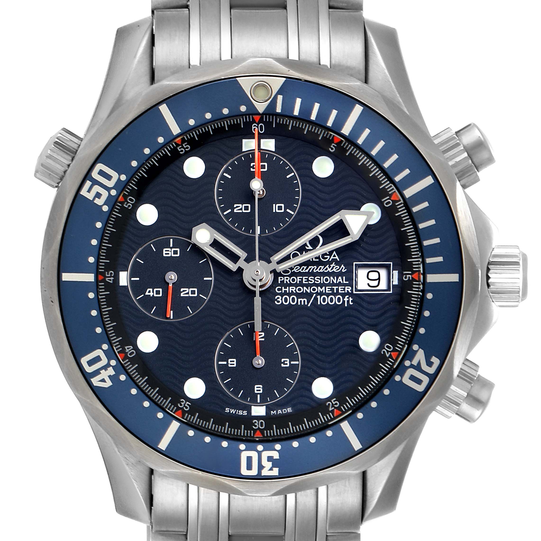 The image is a full front view of the Omega Seamaster 2599.80.00 Men
s Stainless Steel Blue Dial 2599.80.00 Men
s Stainless Steel Blue Dial watch, displaying its dial, bezel, and bracelet in detail.