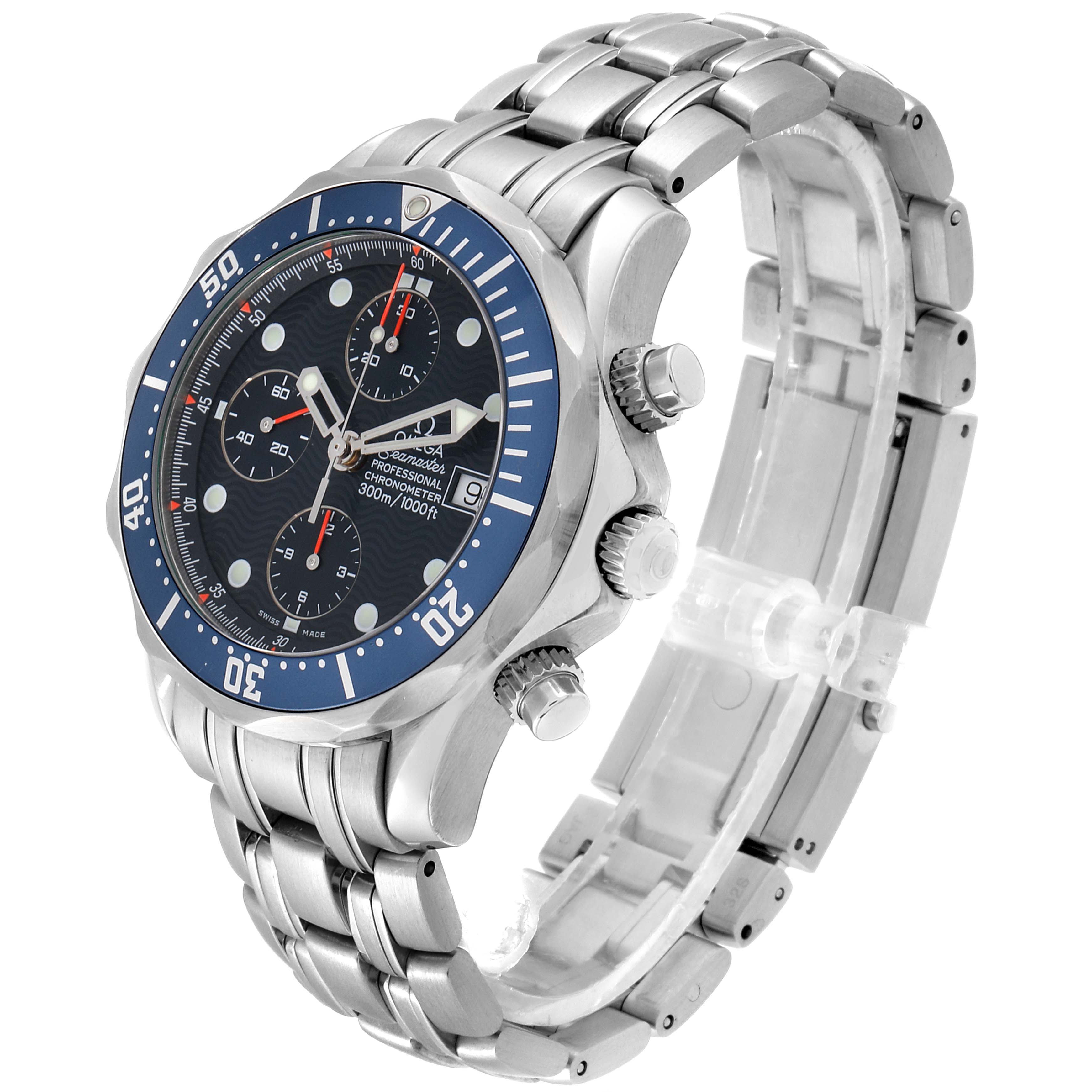 The Omega Seamaster 2599.80.00 Men
s Stainless Steel Blue Dial 2599.80.00 Men
s Stainless Steel Blue Dial watch is shown at a three-quarter angle, highlighting the bezel, dial, bracelet, and chronograph pushers.
