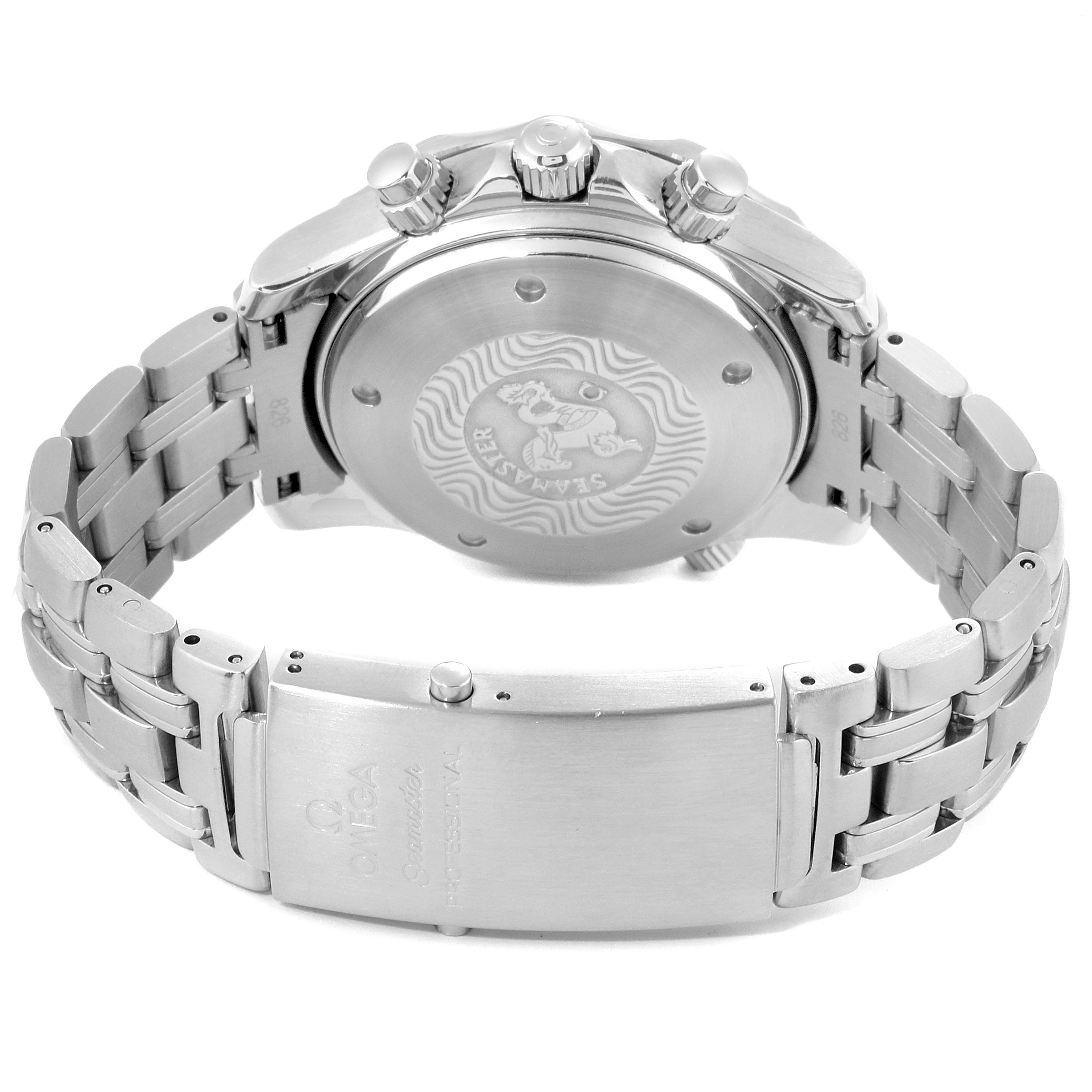 The image shows the back case and the bracelet clasp of an Omega Seamaster 2599.80.00 Men
s Stainless Steel Blue Dial 2599.80.00 Men
s Stainless Steel Blue Dial watch, viewed from the underside.