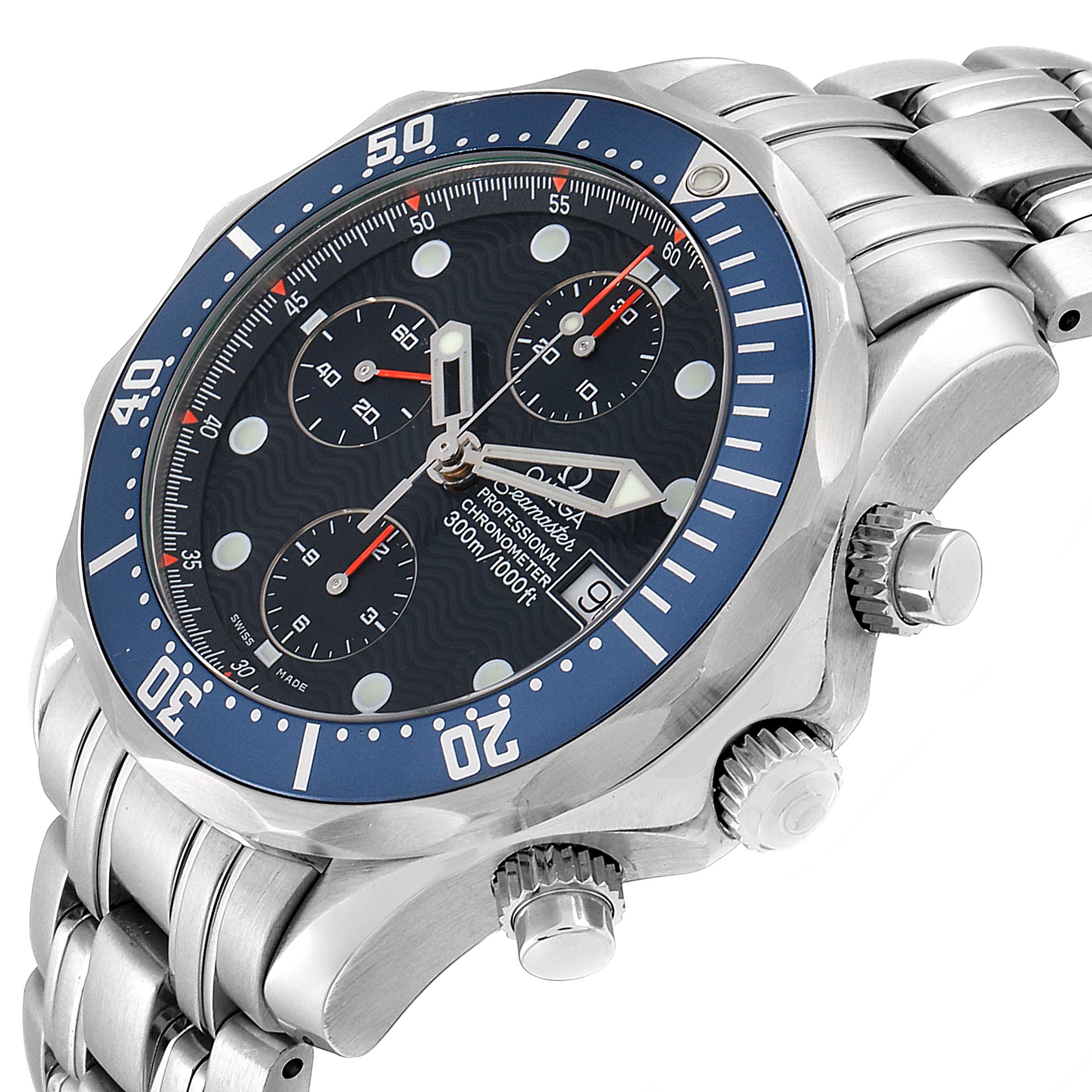 The image shows a close-up angle of the Omega Seamaster 2599.80.00 Men
s Stainless Steel Blue Dial 2599.80.00 Men
s Stainless Steel Blue Dial watch, highlighting the dial, bezel, crown, and bracelet.