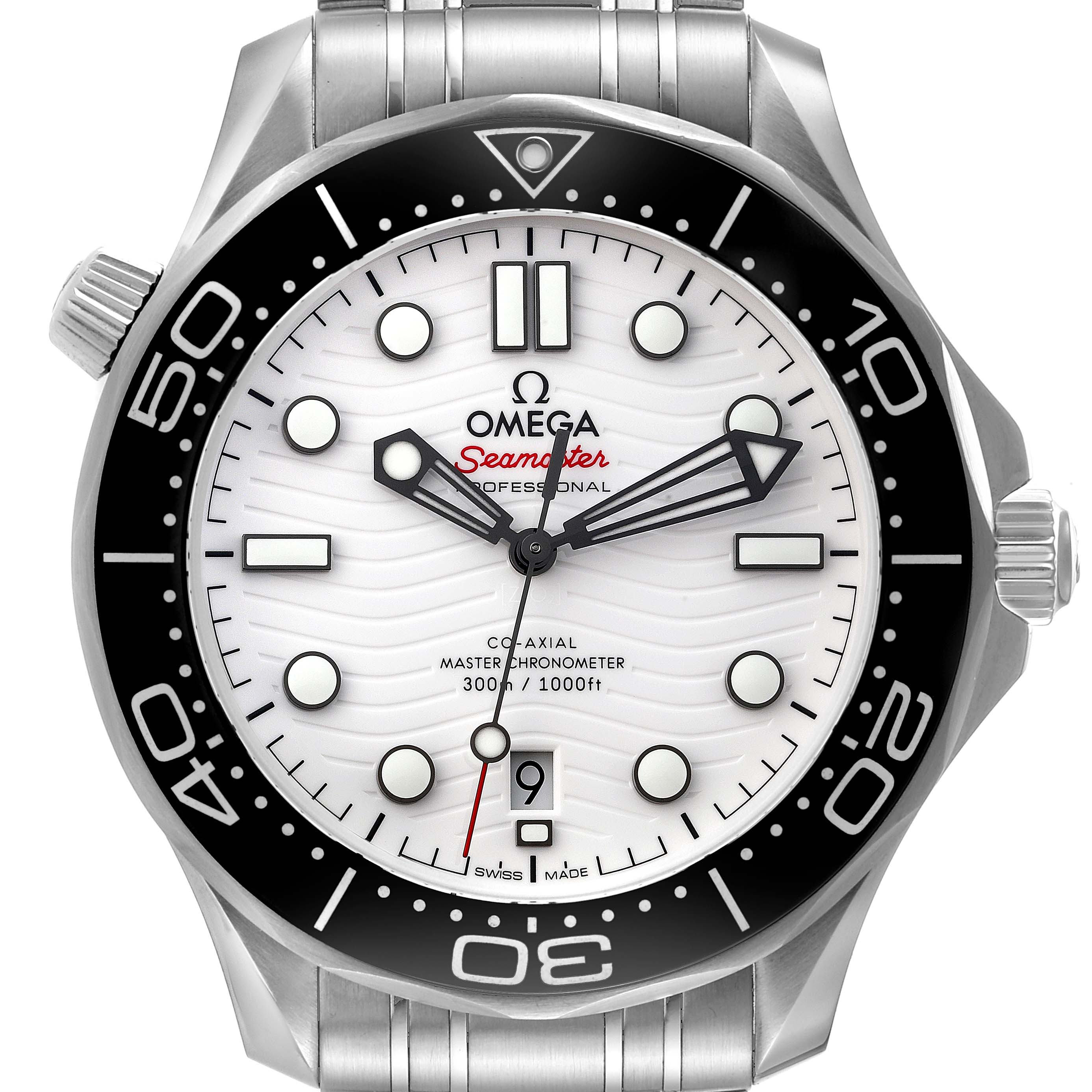 The image shows a front view of the Omega Seamaster 210.30.42.20.04.001 Men's Stainless Steel White Dial 210.30.42.20.04.001 Men's Stainless Steel White Dial watch, highlighting the white dial, black bezel, and stainless steel bracelet.