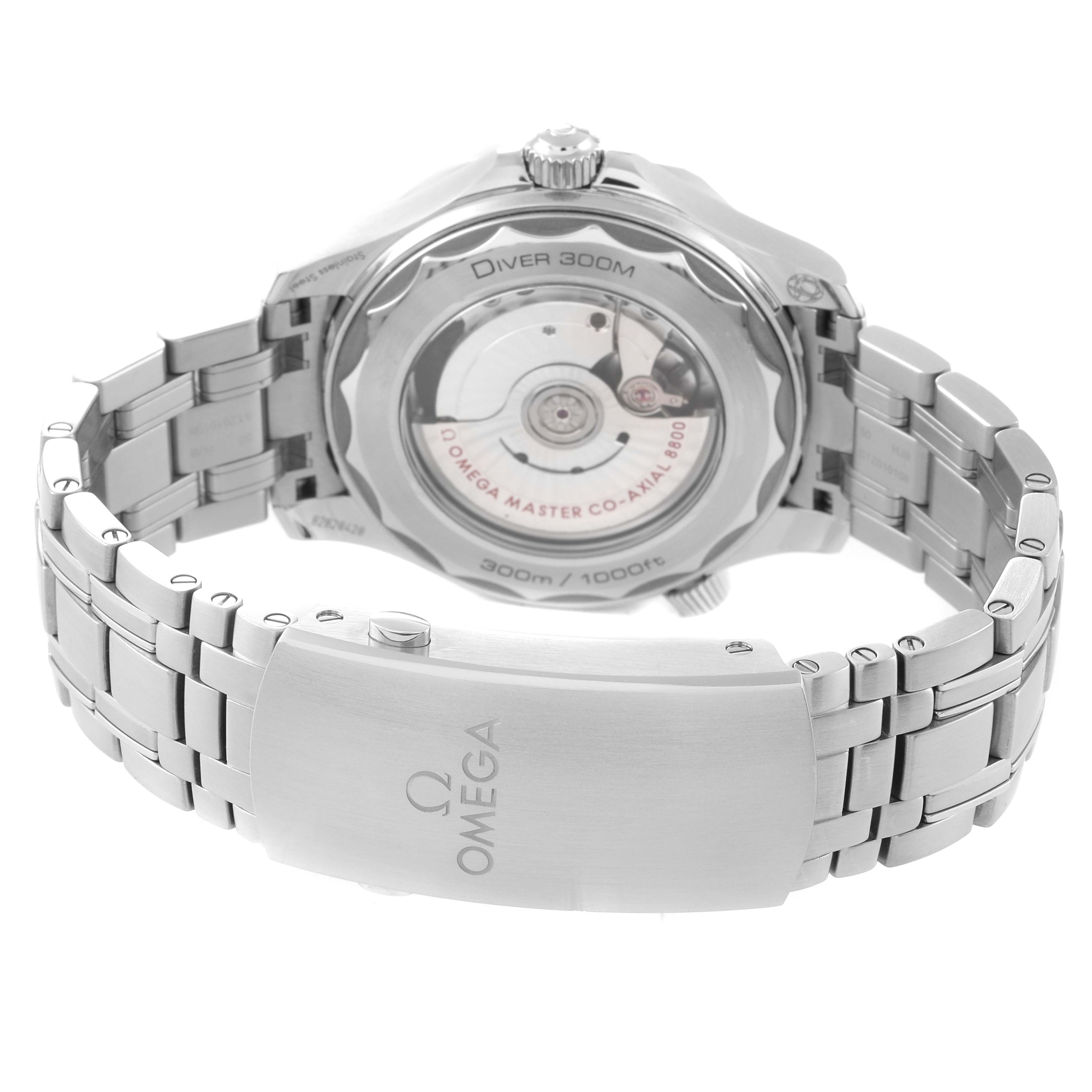 The image shows the back view of the Omega Seamaster 210.30.42.20.04.001 Men's Stainless Steel White Dial 210.30.42.20.04.001 Men's Stainless Steel White Dial, highlighting its metal bracelet, clasp, and the transparent case back.