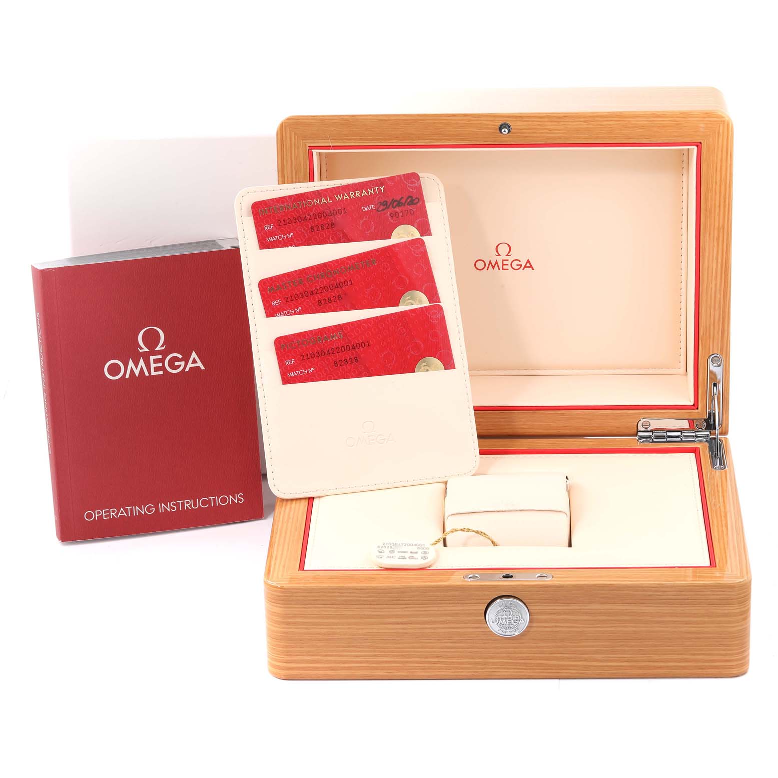 The image shows an Omega Seamaster 210.30.42.20.04.001 Men's Stainless Steel White Dial 210.30.42.20.04.001 Men's Stainless Steel White Dial watch box with warranty cards and an operating instruction manual.