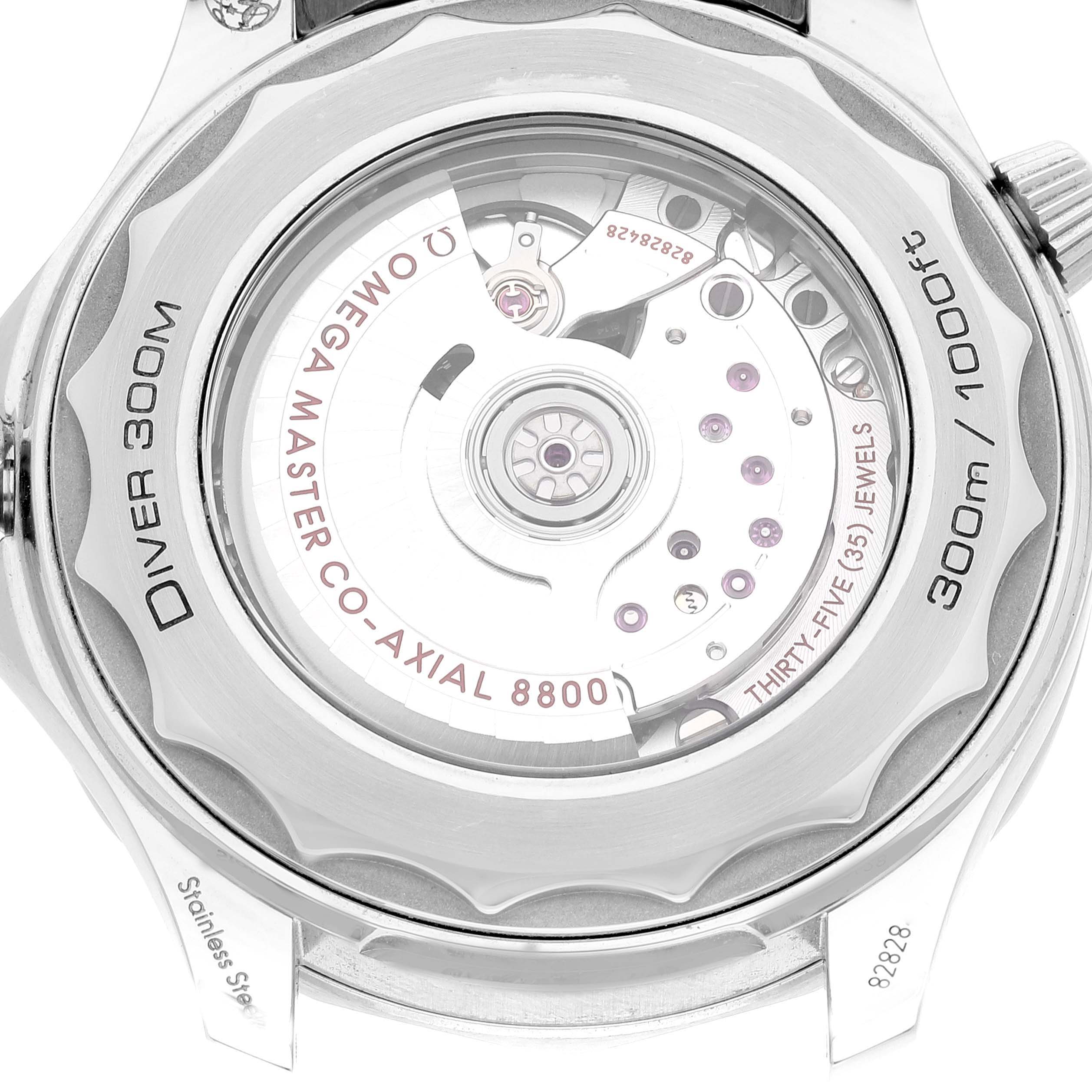 The image shows the back case of an Omega Seamaster 210.30.42.20.04.001 Men's Stainless Steel White Dial 210.30.42.20.04.001 Men's Stainless Steel White Dial watch, highlighting the Co-Axial 8800 movement through a transparent case back.