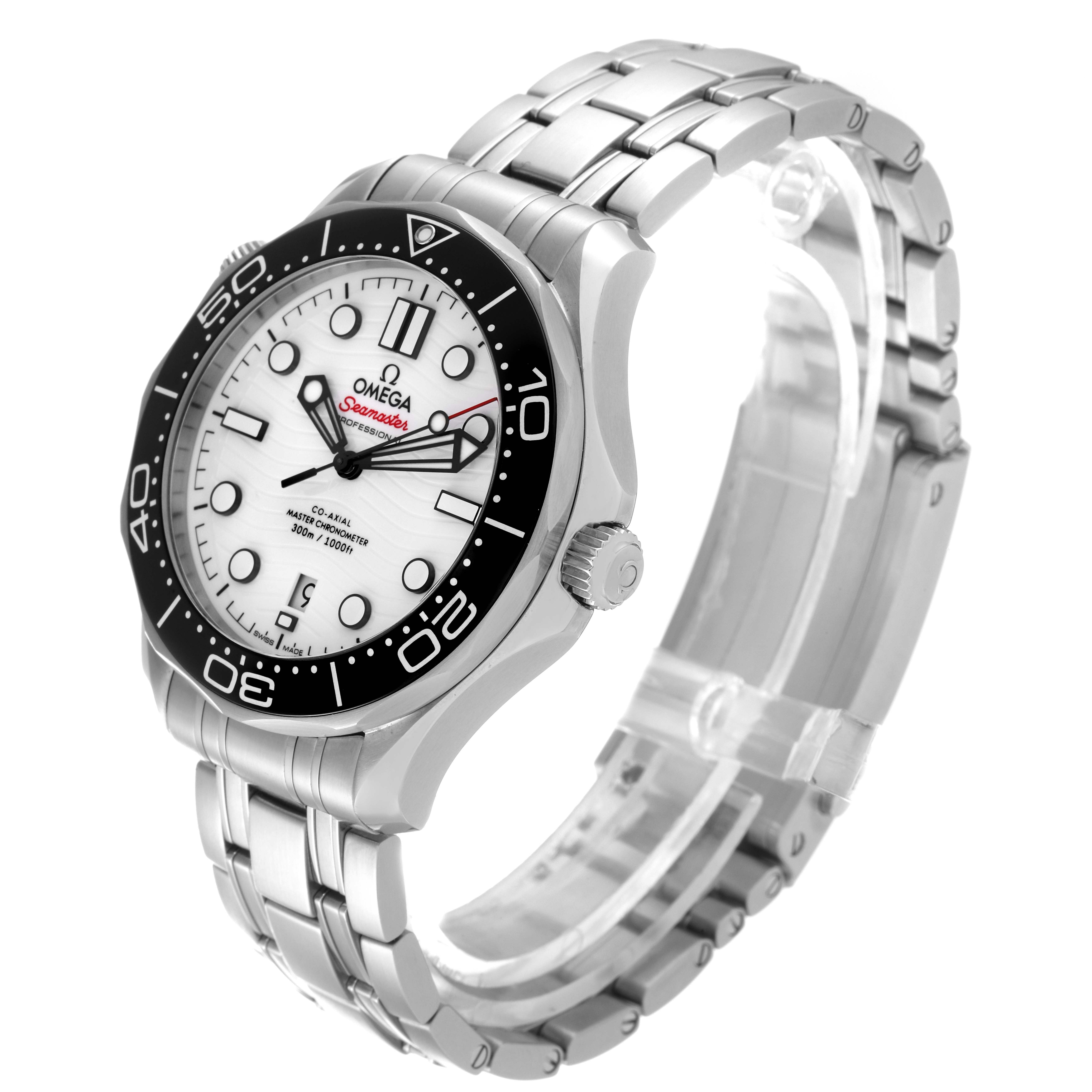 The image shows the Omega Seamaster 210.30.42.20.04.001 Men's Stainless Steel White Dial 210.30.42.20.04.001 Men's Stainless Steel White Dial watch from a 3/4 angle, highlighting the face, bezel, and stainless steel bracelet.