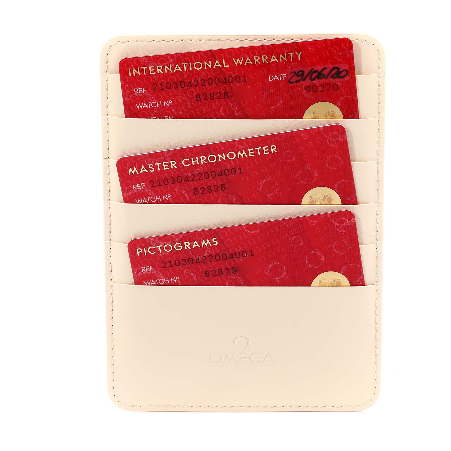 This image displays Omega Seamaster 210.30.42.20.04.001 Men's Stainless Steel White Dial 210.30.42.20.04.001 Men's Stainless Steel White Dial watch warranty and information cards in a beige holder.