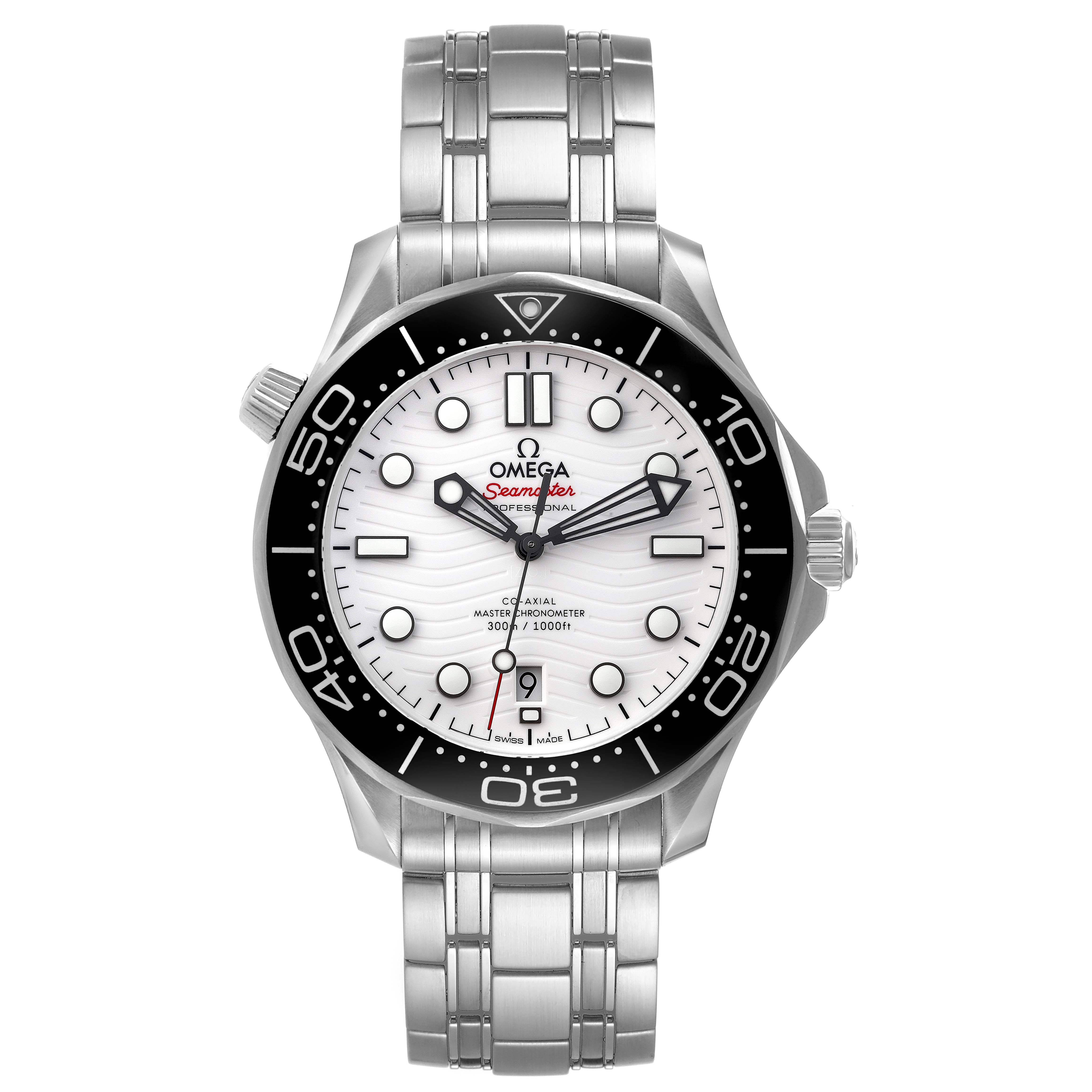 The image shows a front view of an Omega Seamaster 210.30.42.20.04.001 Men's Stainless Steel White Dial 210.30.42.20.04.001 Men's Stainless Steel White Dial watch, highlighting its face, bezel, and bracelet.