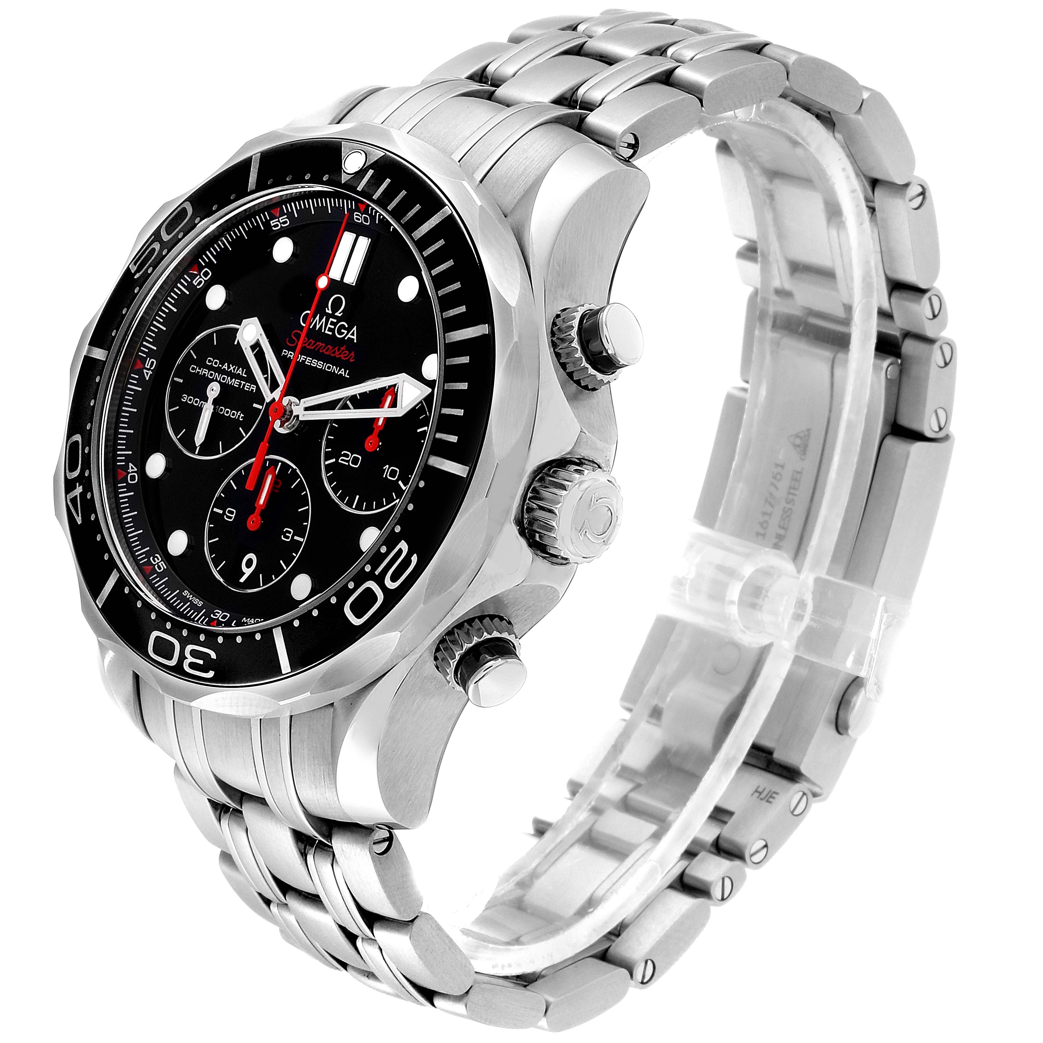 The Omega Seamaster 212.30.44.50.01.001 Men
s Stainless Steel Black Dial 212.30.44.50.01.001 Men
s Stainless Steel Black Dial watch is shown from a three-quarter angle, displaying the dial, bezel, crown, pushers, and metal bracelet.