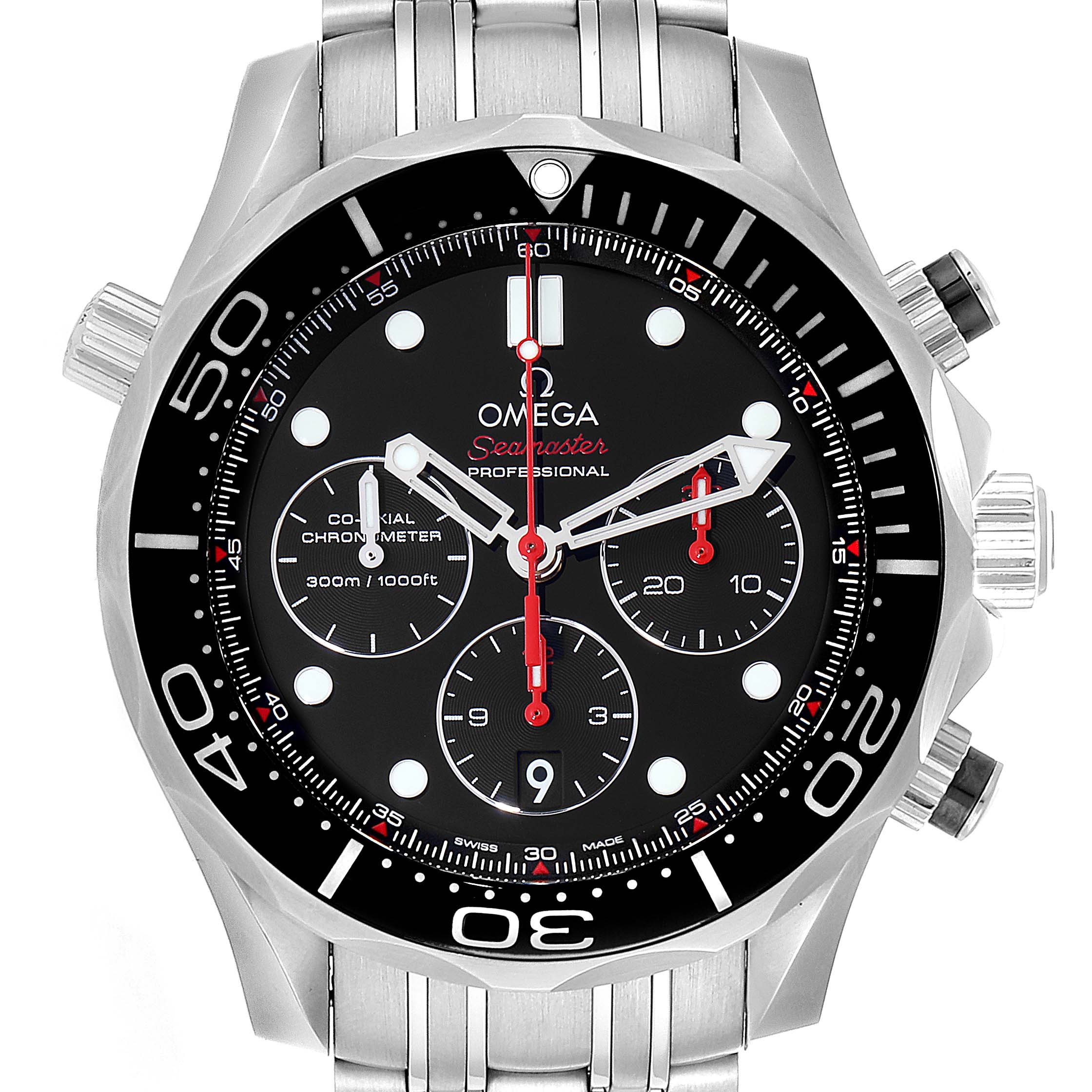 The Omega Seamaster 212.30.44.50.01.001 Men
s Stainless Steel Black Dial 212.30.44.50.01.001 Men
s Stainless Steel Black Dial watch is shown from a front angle, highlighting the dial, bezel, and subdials.