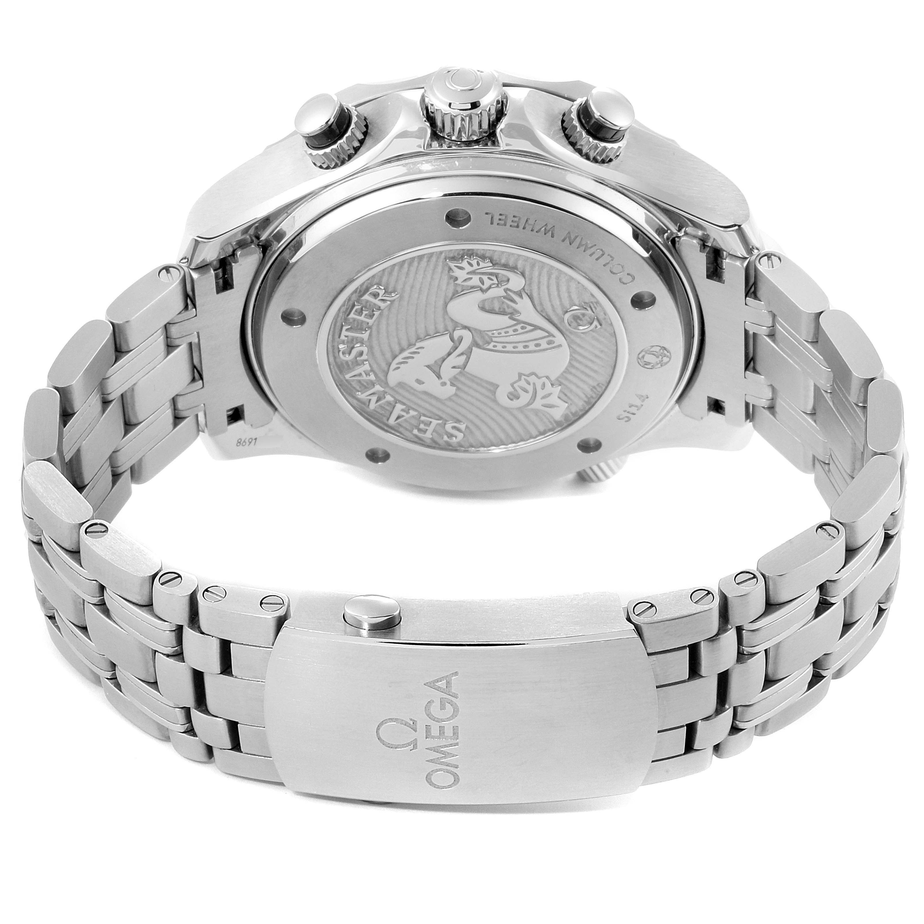 The image shows the back casing and bracelet of the Omega Seamaster 212.30.44.50.01.001 Men
s Stainless Steel Black Dial 212.30.44.50.01.001 Men
s Stainless Steel Black Dial watch from a rear angle.