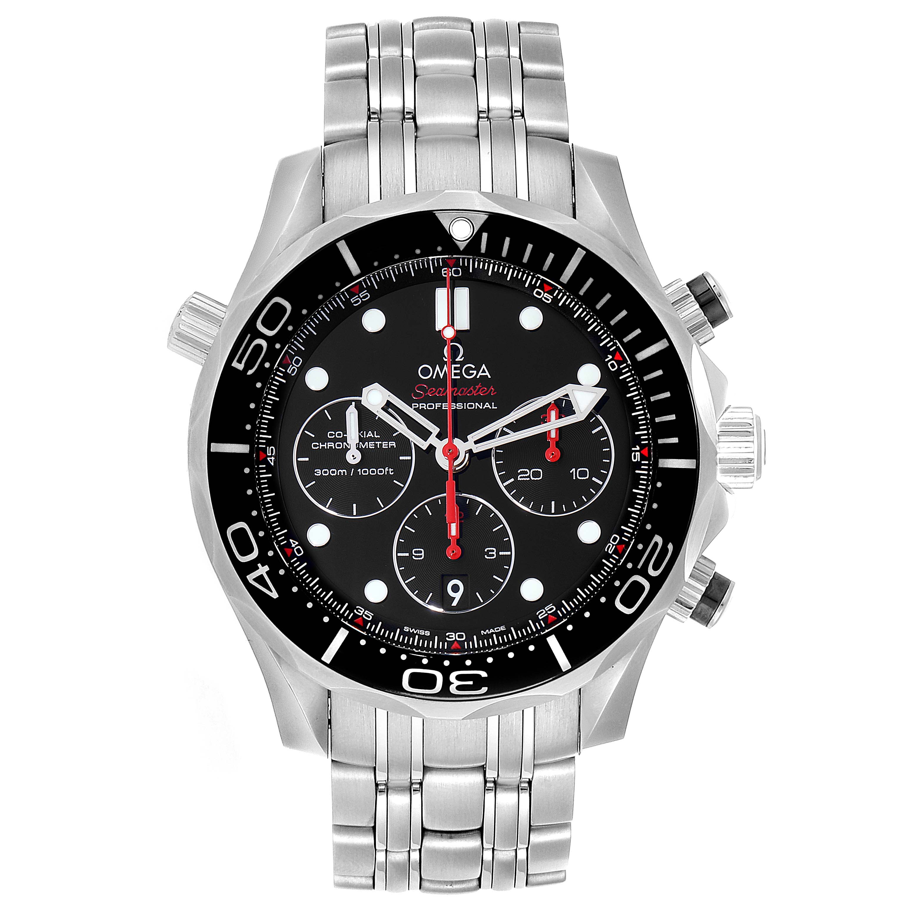 The Omega Seamaster 212.30.44.50.01.001 Men
s Stainless Steel Black Dial 212.30.44.50.01.001 Men
s Stainless Steel Black Dial watch is shown from the front, displaying the full face, bezel, and stainless steel bracelet.