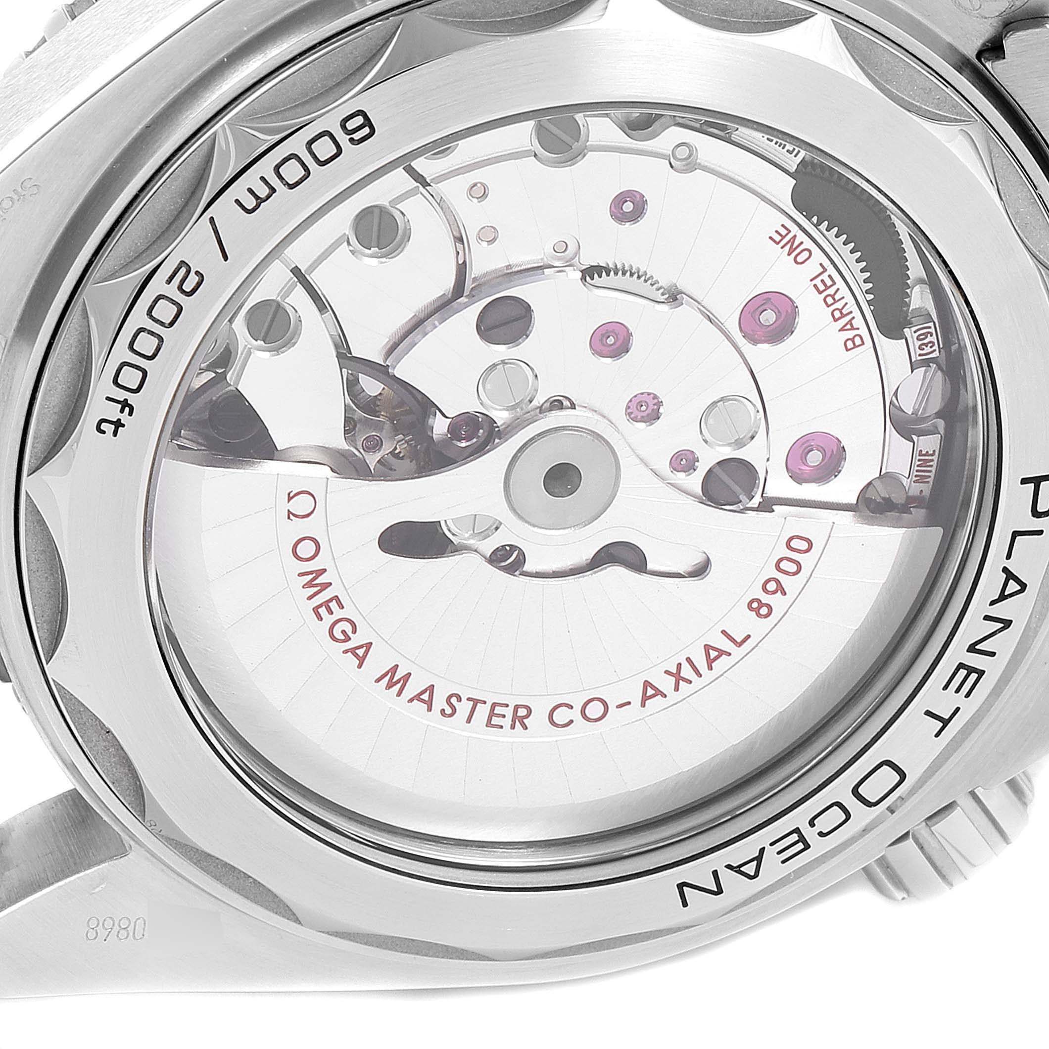 The image shows the back view of the Omega Planet Ocean 215.30.44.21.04.001 Men
s Stainless Steel White Dial 215.30.44.21.04.001 Men
s Stainless Steel White Dial watch, highlighting the Omega Master Co-Axial 8900 movement.