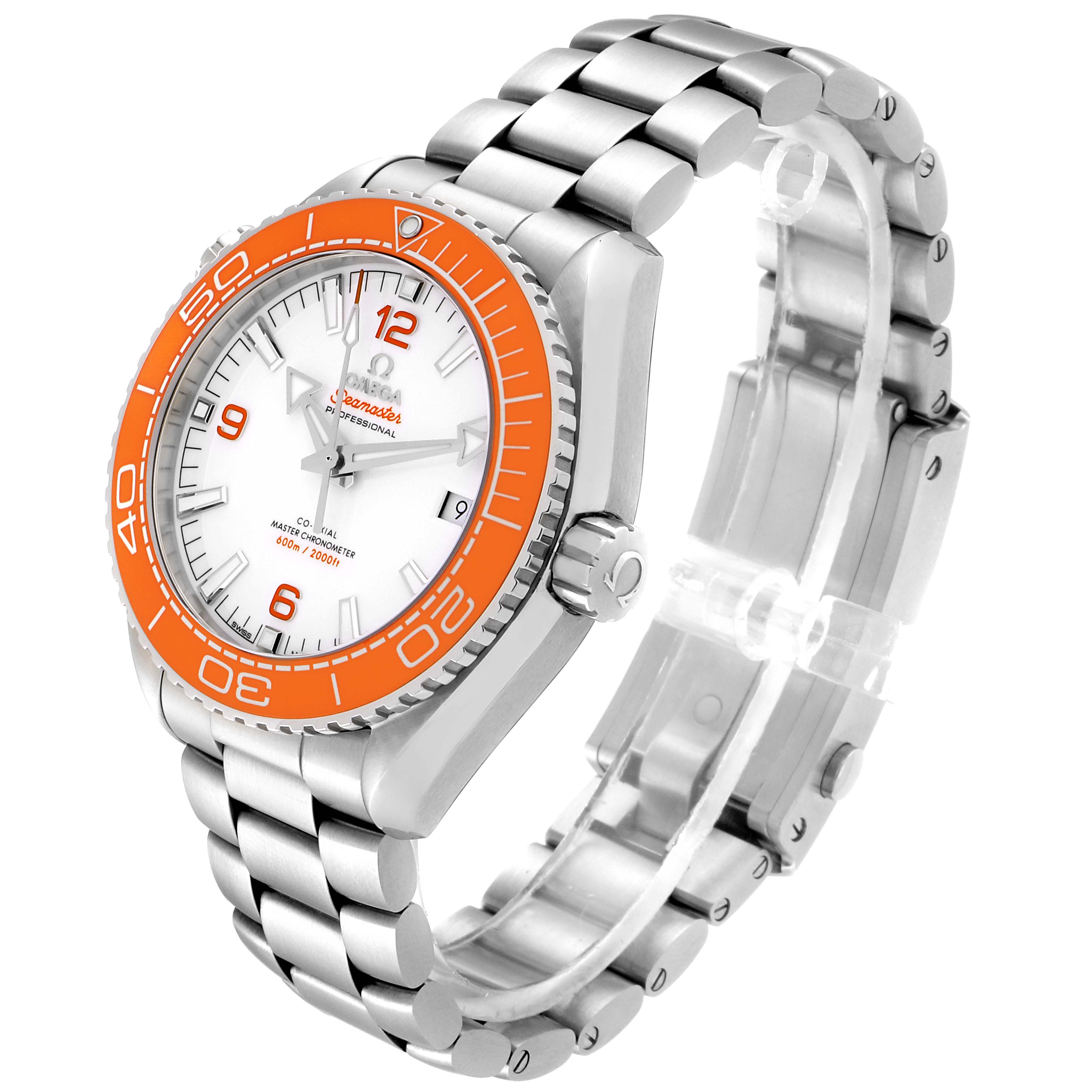 The Omega Planet Ocean 215.30.44.21.04.001 Men
s Stainless Steel White Dial 215.30.44.21.04.001 Men
s Stainless Steel White Dial watch is shown at an oblique angle displaying its stainless steel bracelet, crown, and orange bezel.