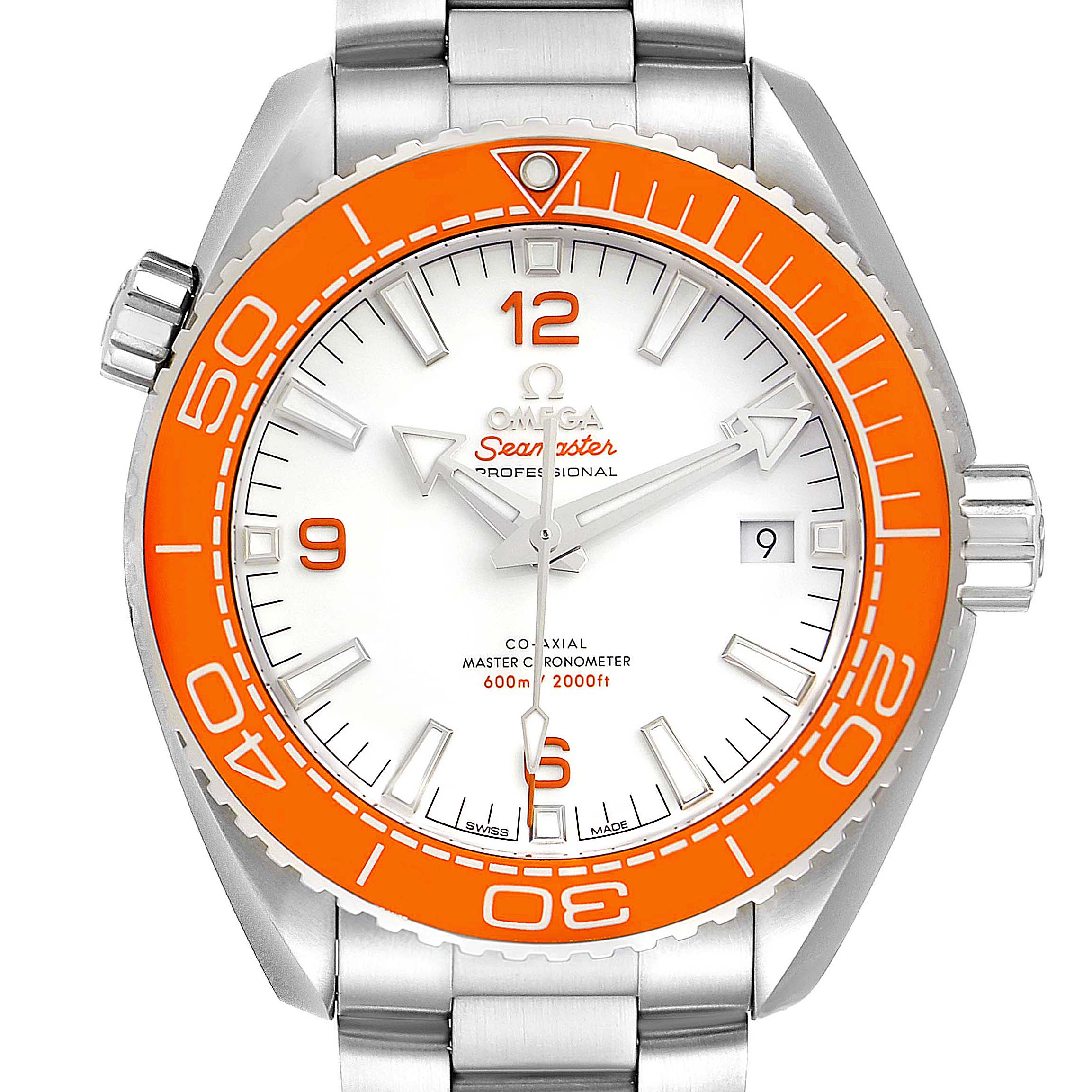 The Omega Planet Ocean 215.30.44.21.04.001 Men
s Stainless Steel White Dial 215.30.44.21.04.001 Men
s Stainless Steel White Dial watch is shown from a front angle, displaying its face, bezel, crown, and part of the bracelet.