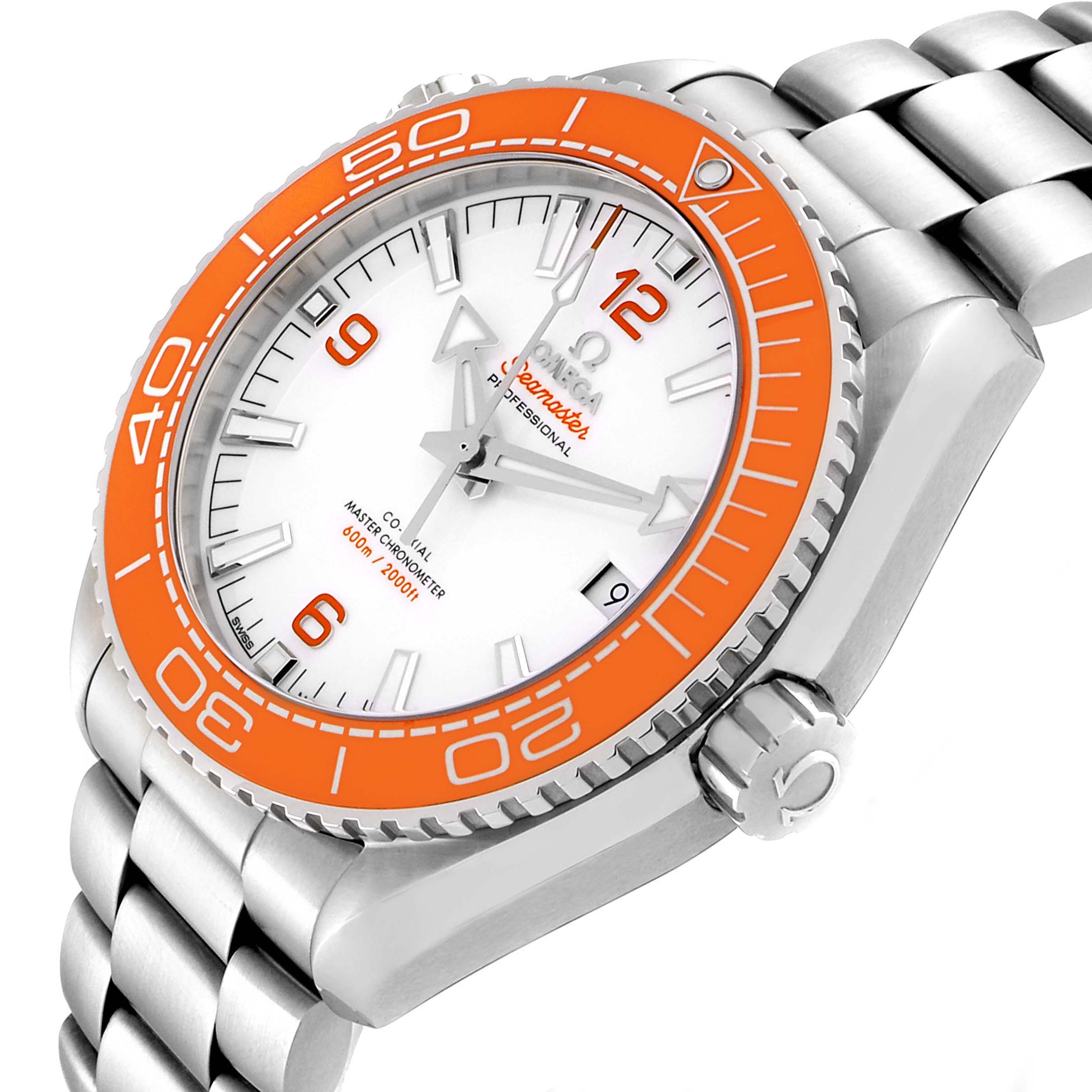 The Omega Planet Ocean 215.30.44.21.04.001 Men
s Stainless Steel White Dial 215.30.44.21.04.001 Men
s Stainless Steel White Dial watch is shown at an angled side view, highlighting its orange bezel, white dial, and stainless steel bracelet.
