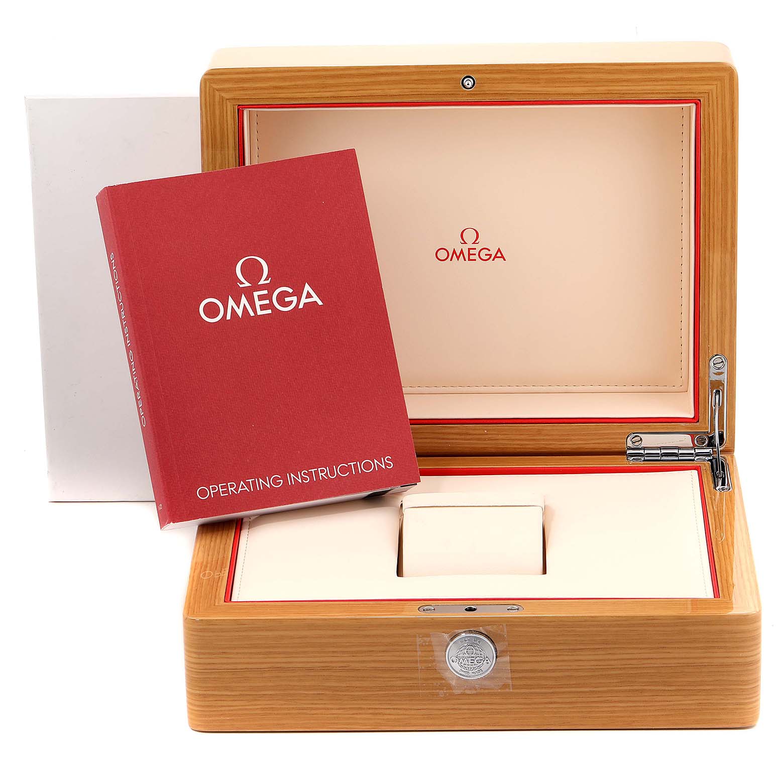 The image shows an Omega Planet Ocean 215.30.44.21.04.001 Men
s Stainless Steel White Dial 215.30.44.21.04.001 Men
s Stainless Steel White Dial watch
s wooden box with operating instructions placed in front.