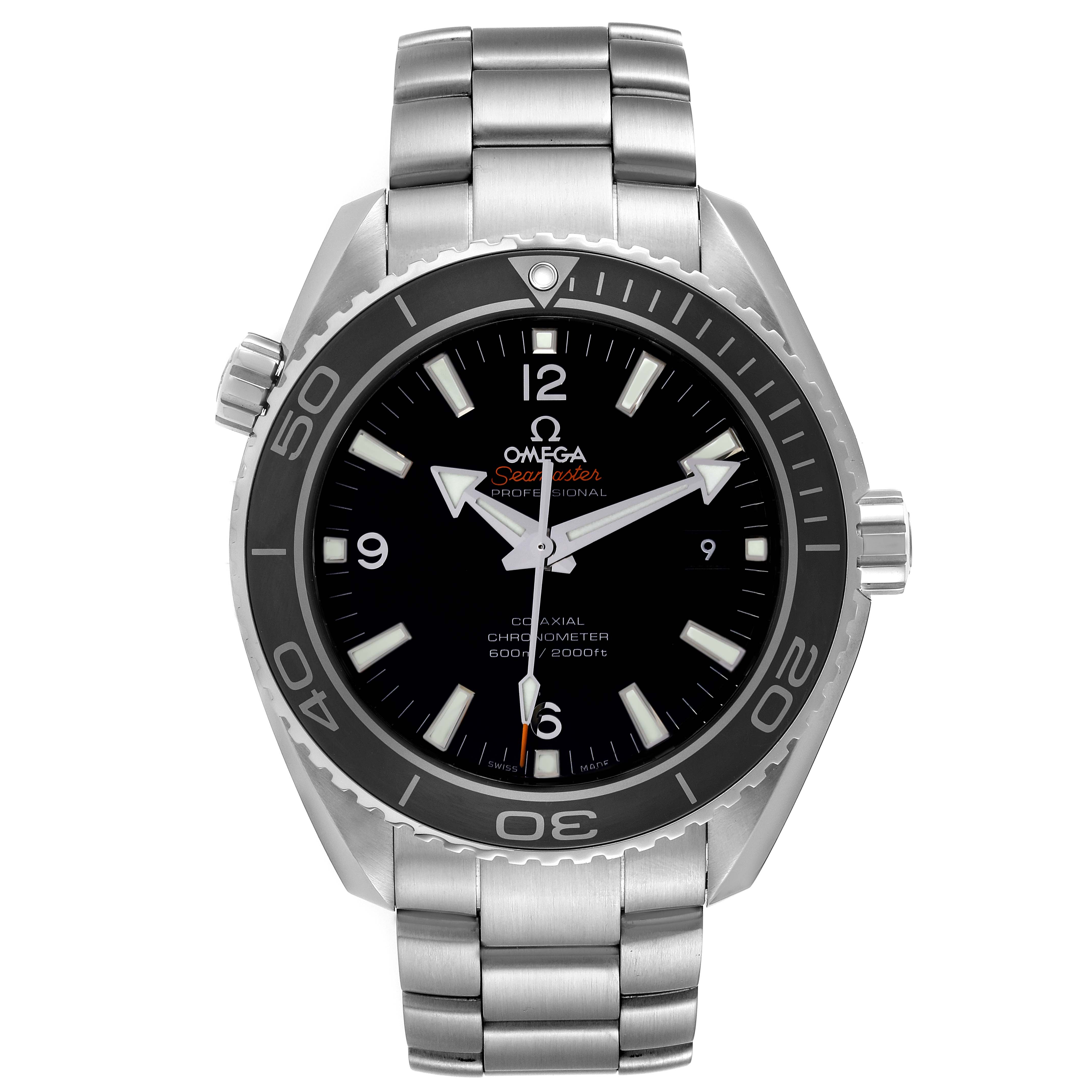 The image shows a front view of the Omega Planet Ocean 232.30.46.21.01.001 Men
s Stainless Steel Black Dial 232.30.46.21.01.001 Men
s Stainless Steel Black Dial watch, highlighting its dial, bezel, and stainless steel bracelet.