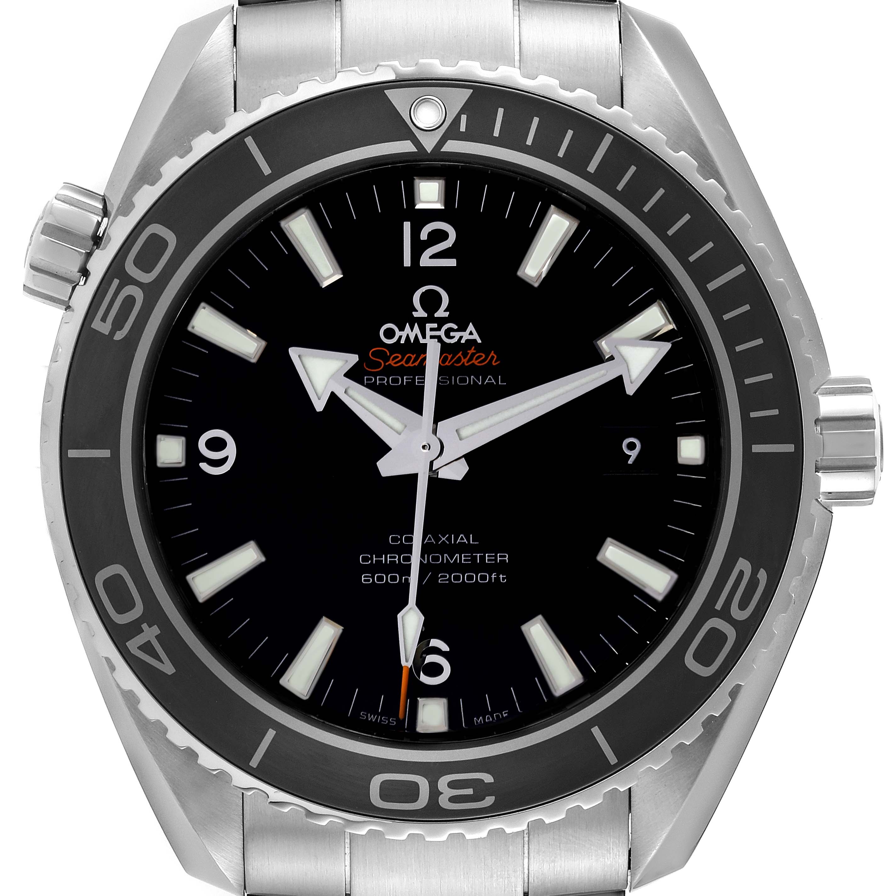 The image shows a front view of the Omega Planet Ocean 232.30.46.21.01.001 Men
s Stainless Steel Black Dial 232.30.46.21.01.001 Men
s Stainless Steel Black Dial watch, highlighting its dial, bezel, and part of the bracelet.
