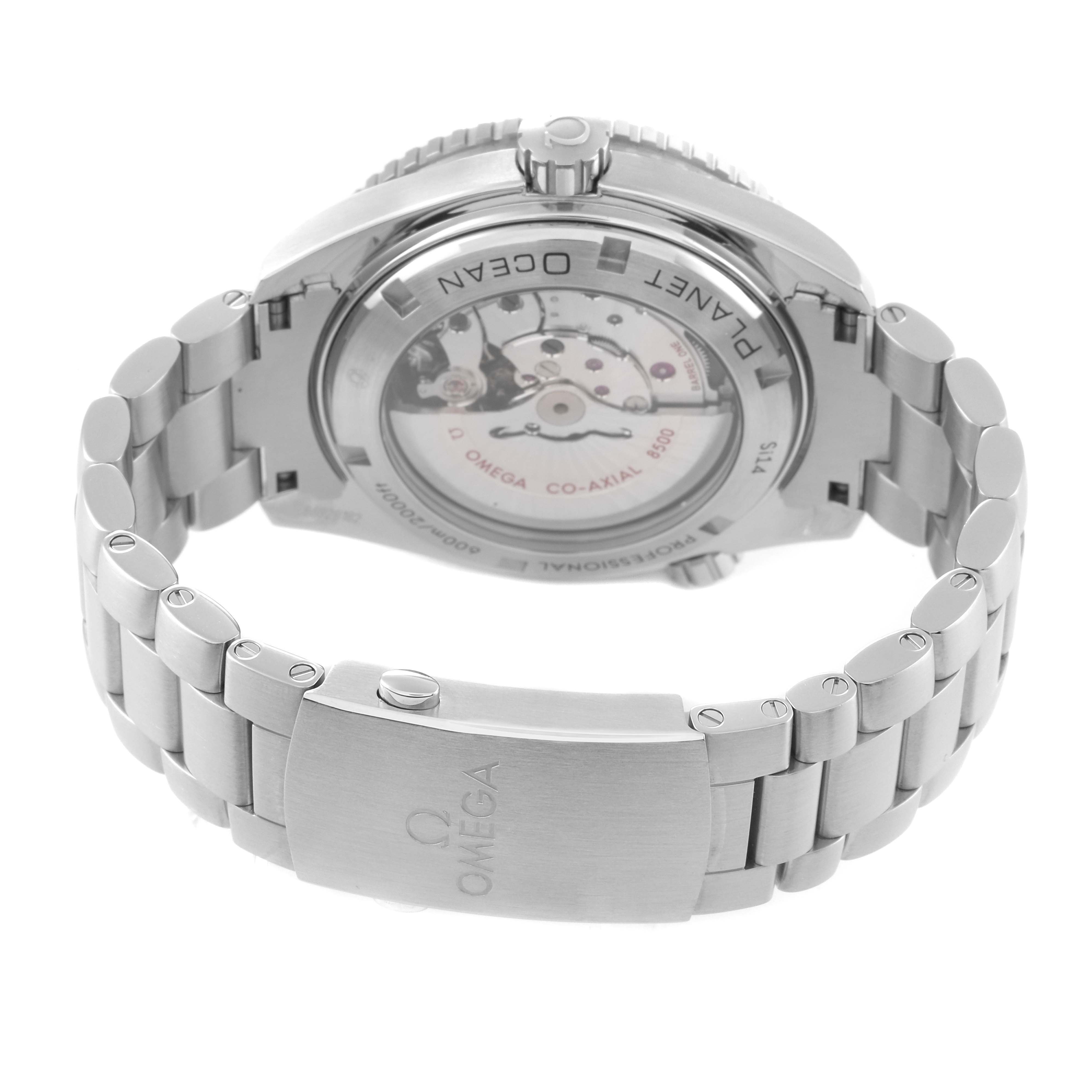 This image shows the back view of the Omega Planet Ocean 232.30.46.21.01.001 Men
s Stainless Steel Black Dial 232.30.46.21.01.001 Men
s Stainless Steel Black Dial watch, highlighting its bracelet and case back with visible movement.