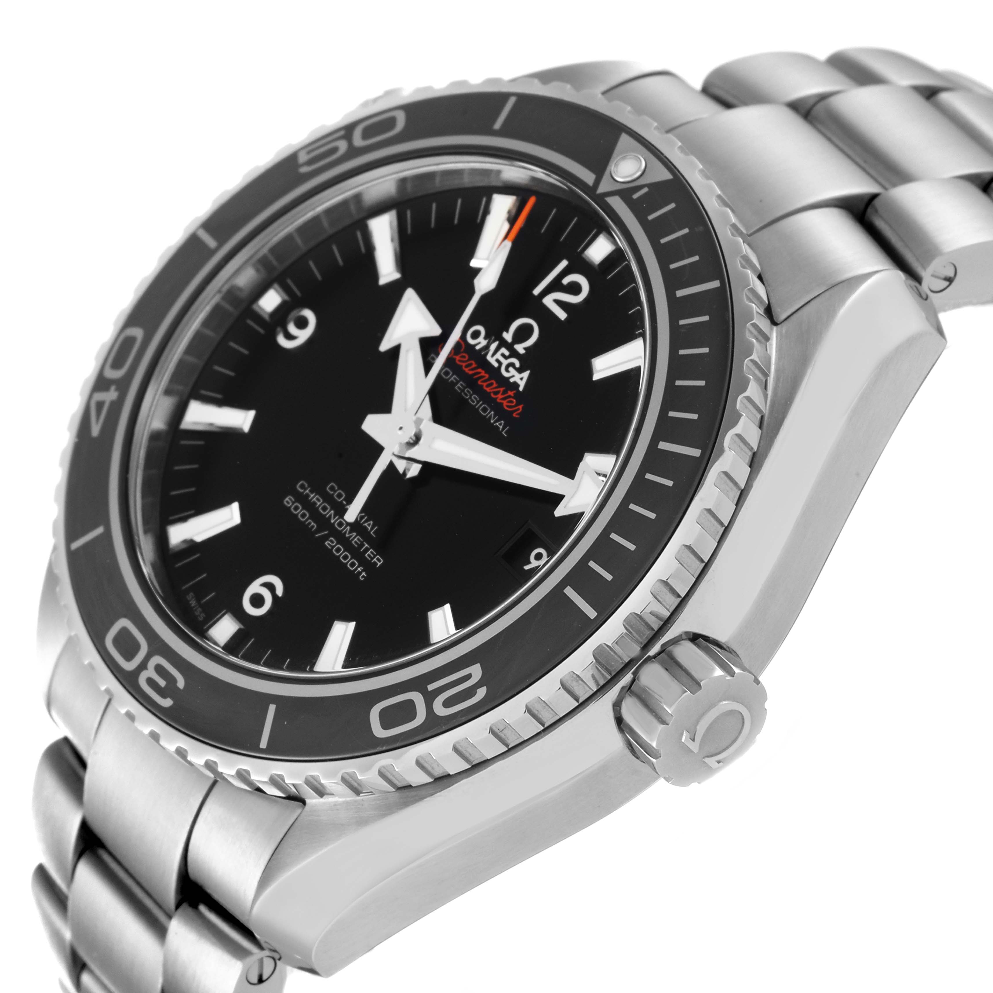 The Omega Planet Ocean 232.30.46.21.01.001 Men
s Stainless Steel Black Dial 232.30.46.21.01.001 Men
s Stainless Steel Black Dial watch is shown at an oblique angle, highlighting the face, bezel, and metal bracelet.