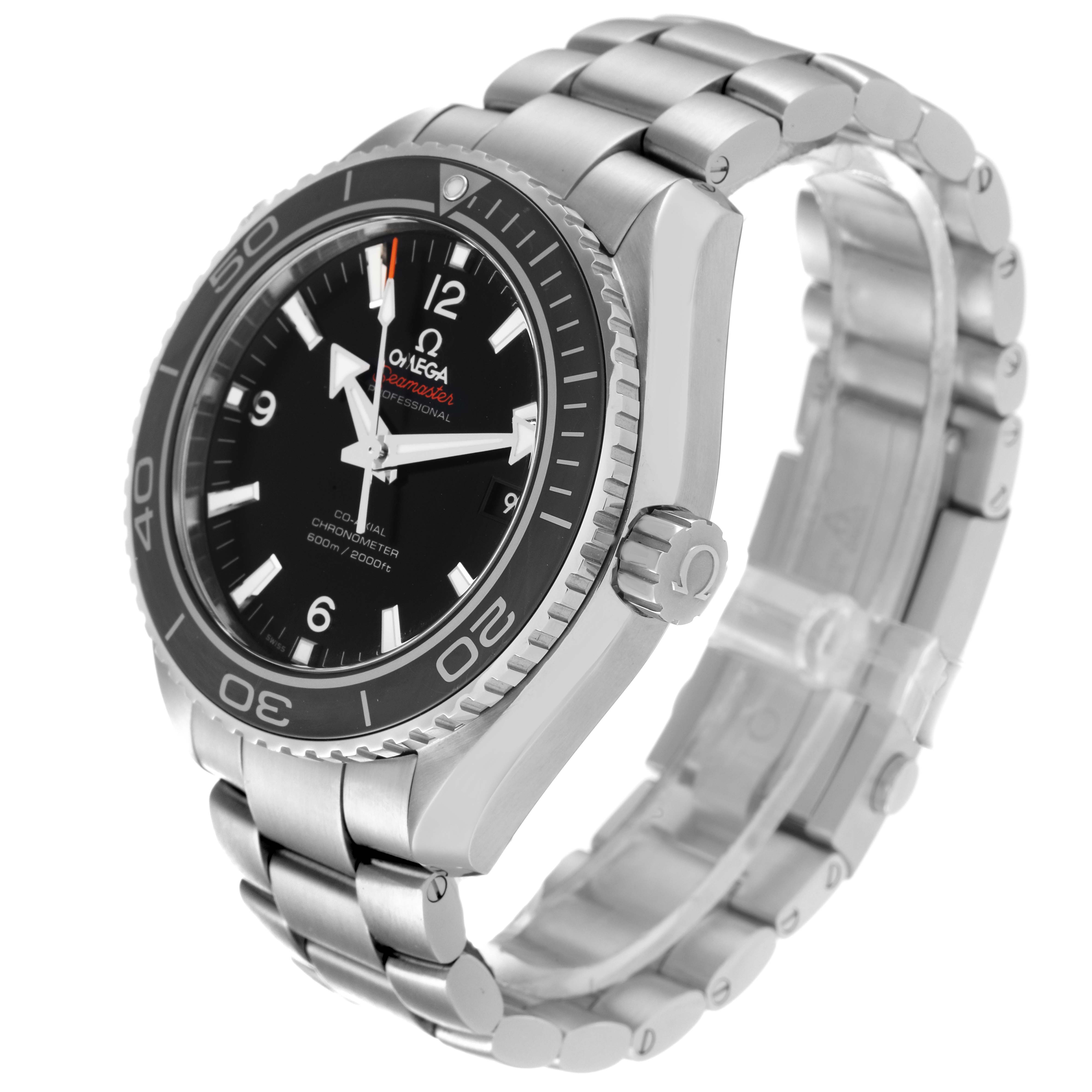 The Omega Planet Ocean 232.30.46.21.01.001 Men
s Stainless Steel Black Dial 232.30.46.21.01.001 Men
s Stainless Steel Black Dial watch is shown at a 3/4 angle, highlighting the face, bezel, crown, and bracelet.